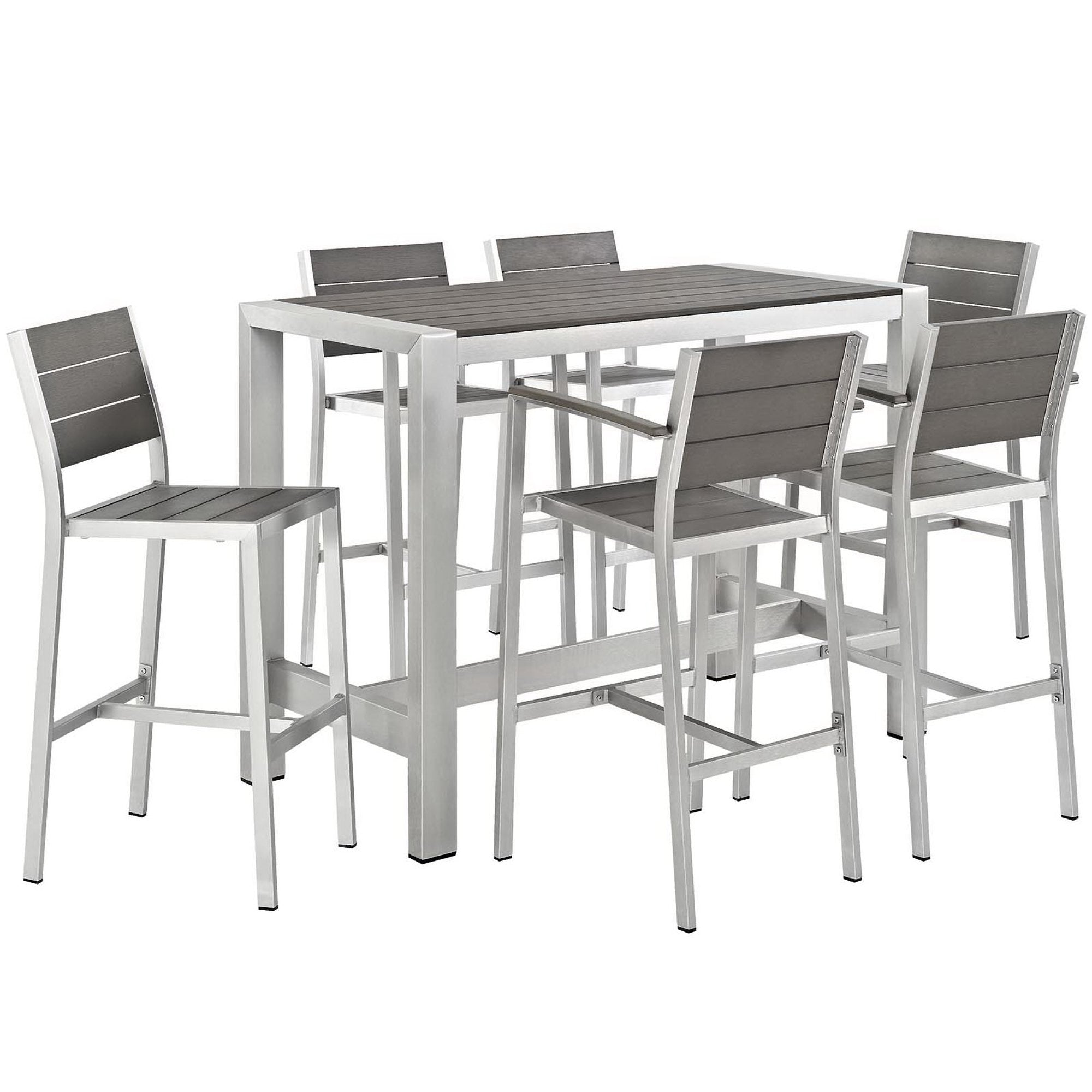 Shore 7 Piece Outdoor Patio Aluminum Dining Set, Silver Gray
