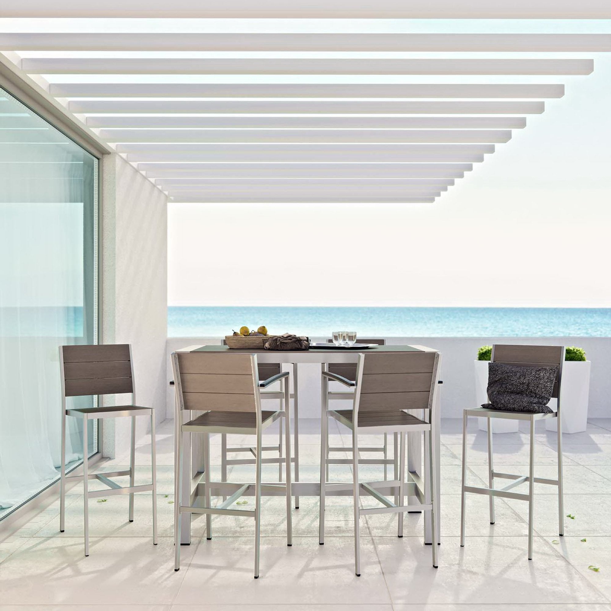 Shore 7 Piece Outdoor Patio Aluminum Dining Set, Silver Gray