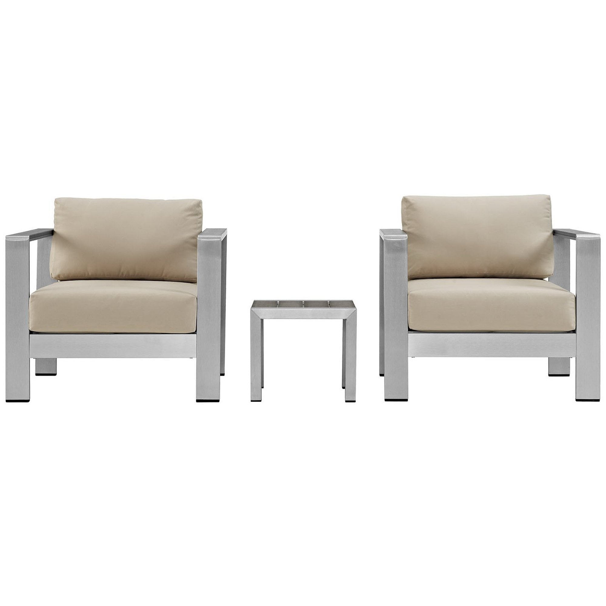 Shore 3 Piece Outdoor Patio Aluminum Set, Silver Beige