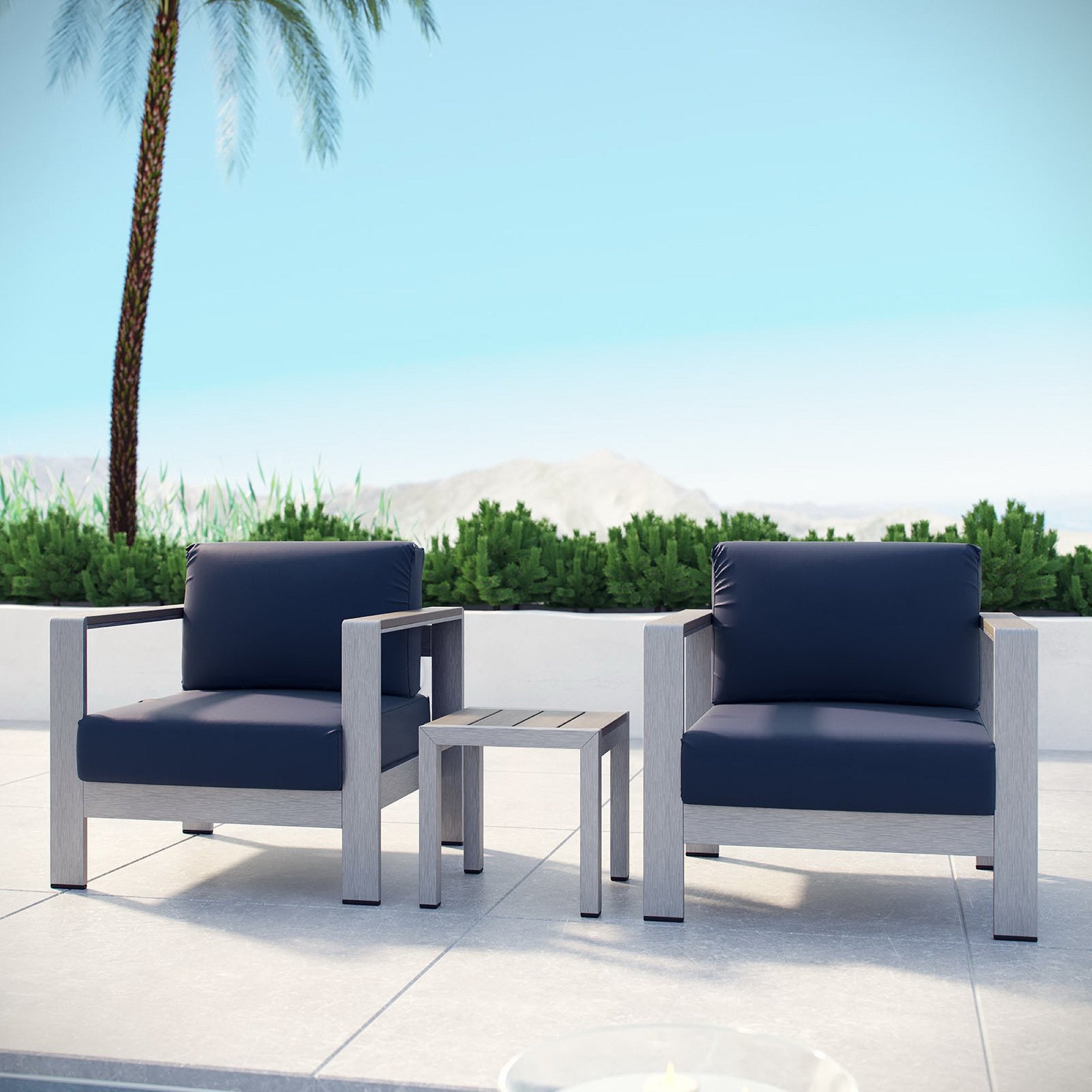 Shore 3 Piece Outdoor Patio Aluminum Set, Silver Navy