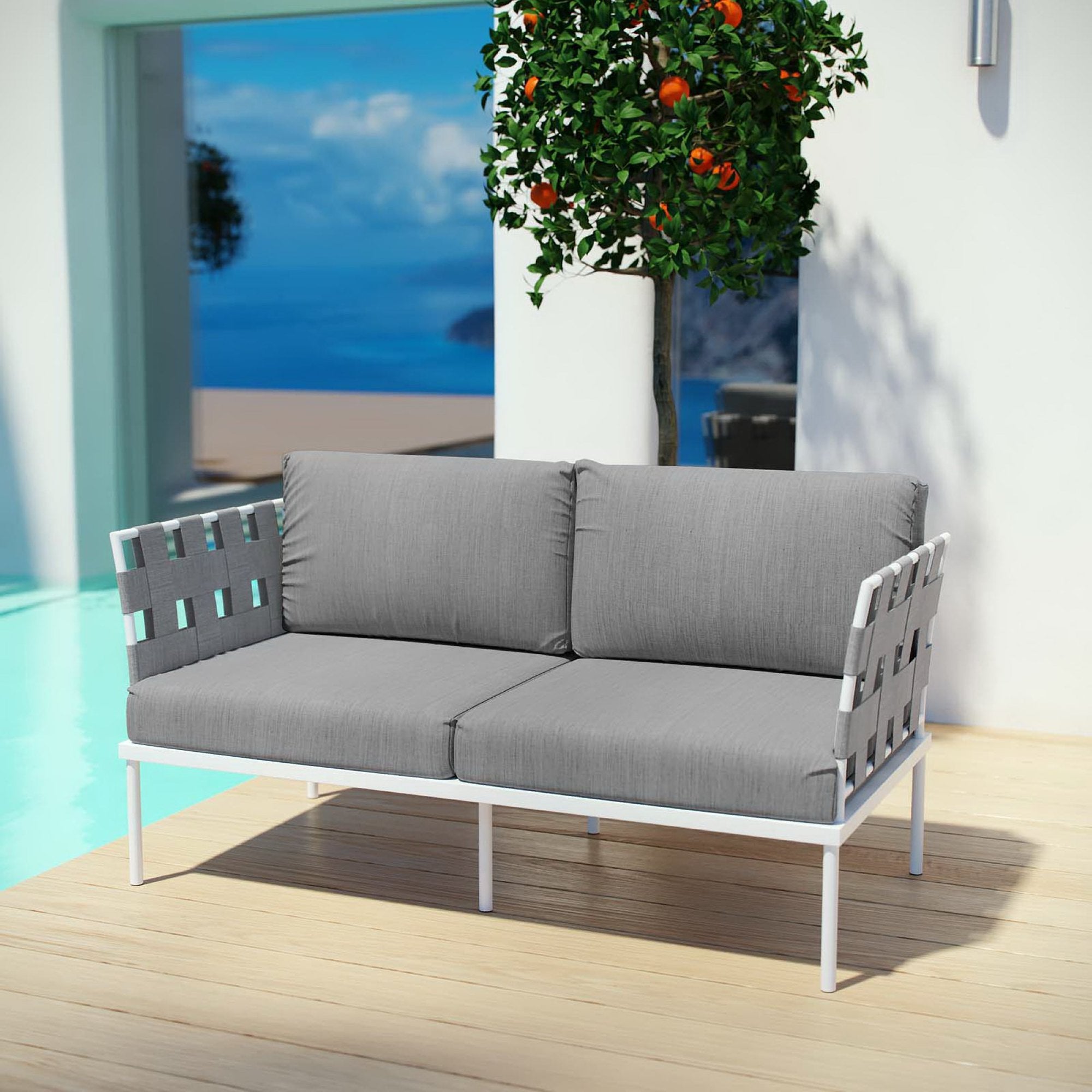 Harmony Outdoor Patio Aluminum Loveseat, White Gray