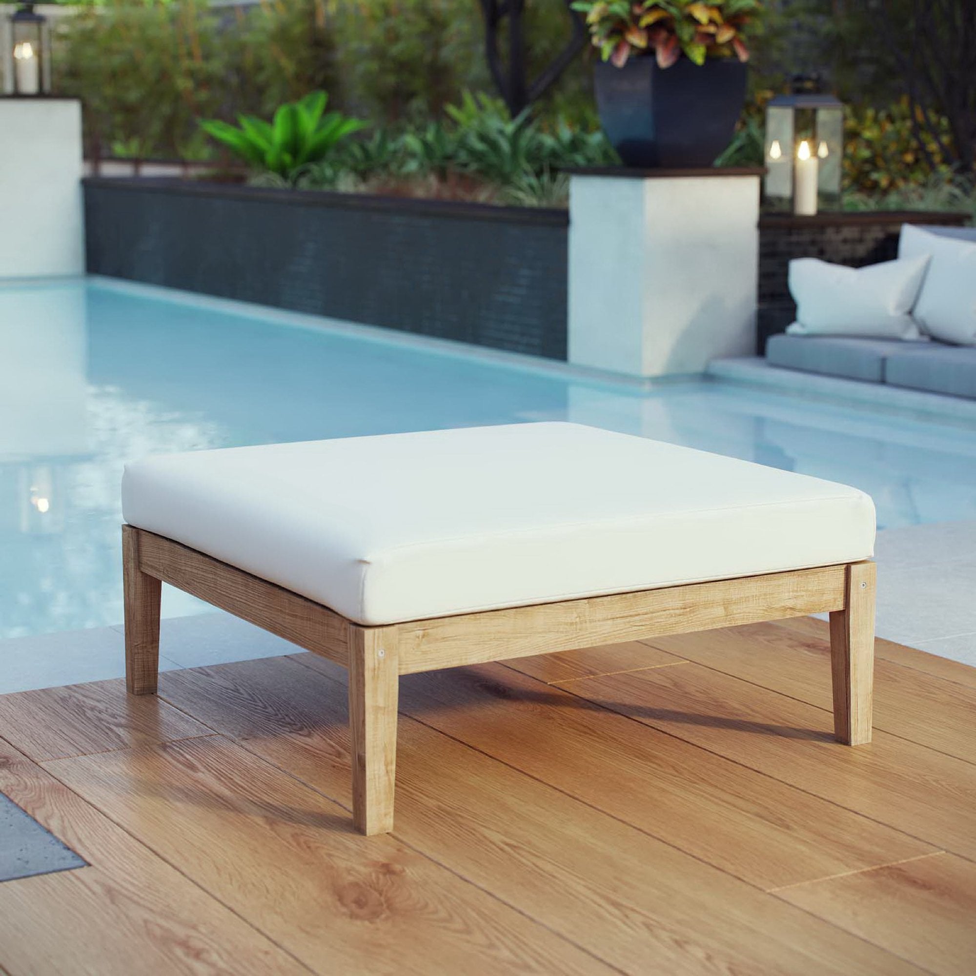 Bayport Outdoor Patio Teak Ottoman, Natural White