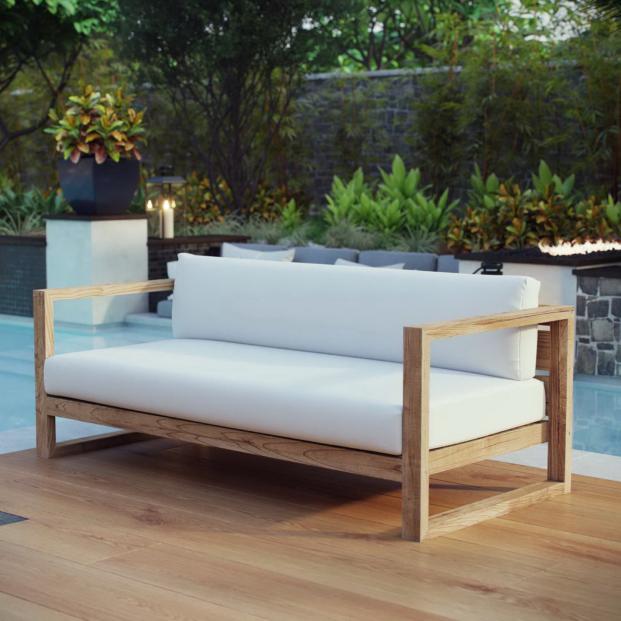 Upland Outdoor Patio Teak Sofa, Natural White
