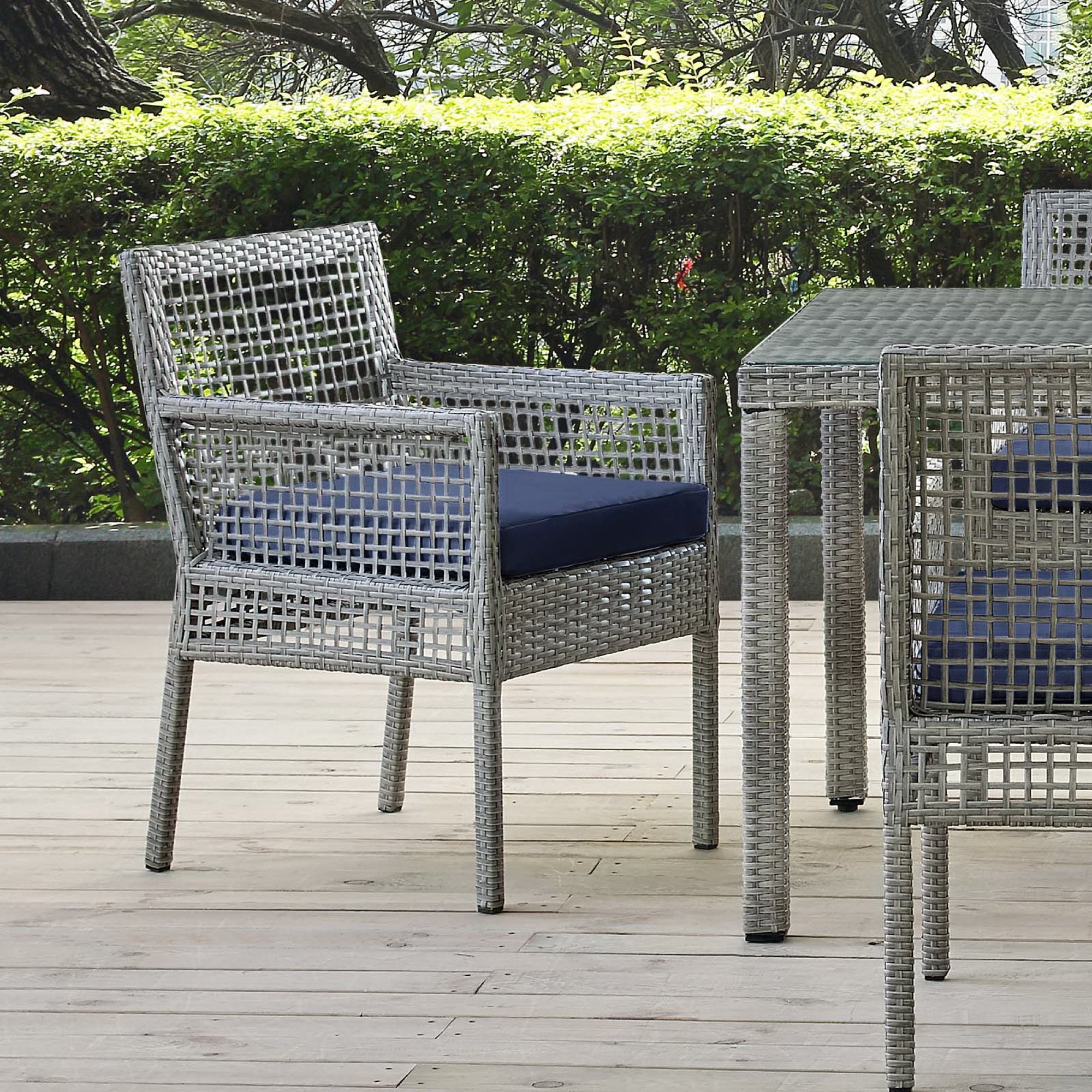 Aura Outdoor Patio Wicker Rattan Dining Armchair, Gray Navy