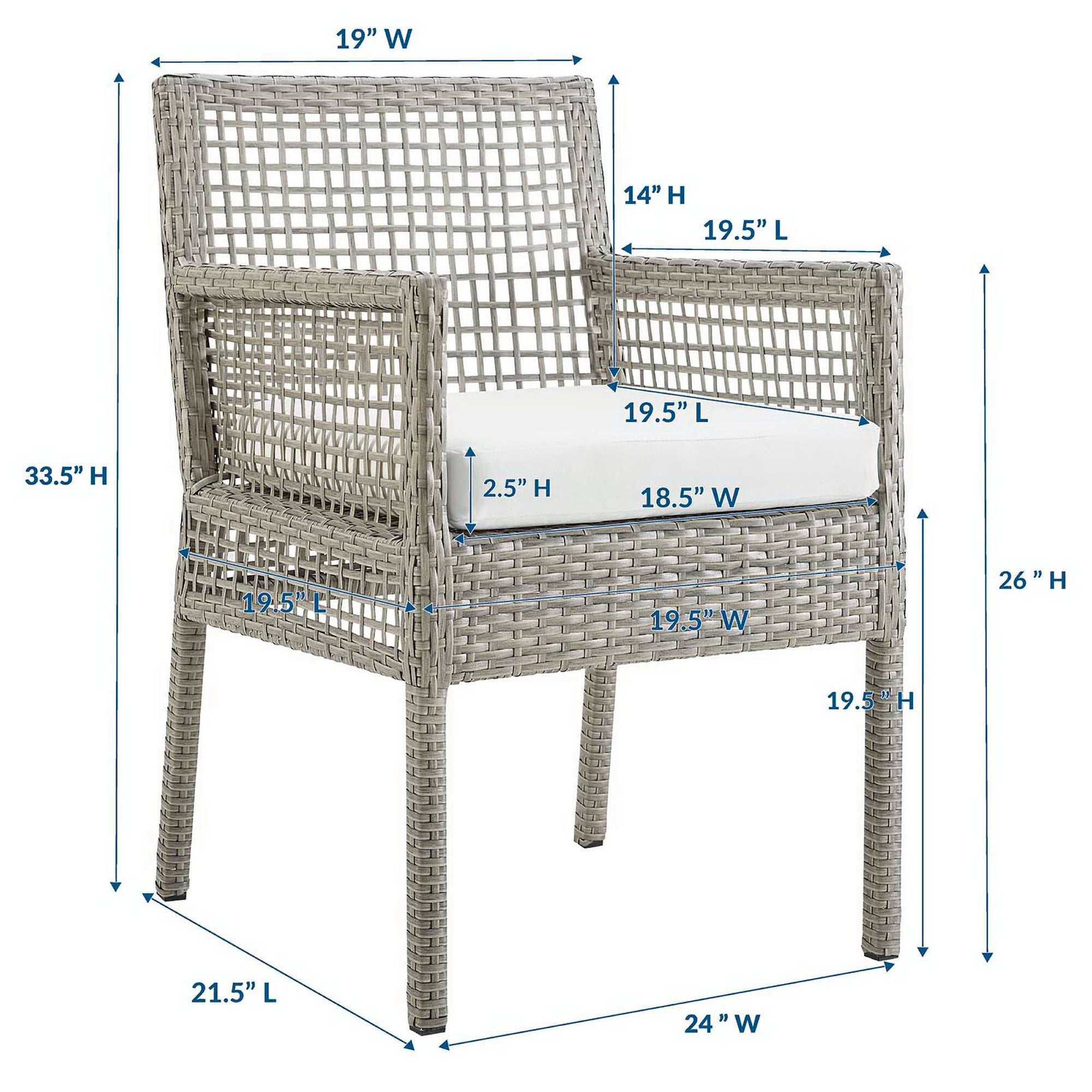Aura Outdoor Patio Wicker Rattan Dining Armchair, Gray White