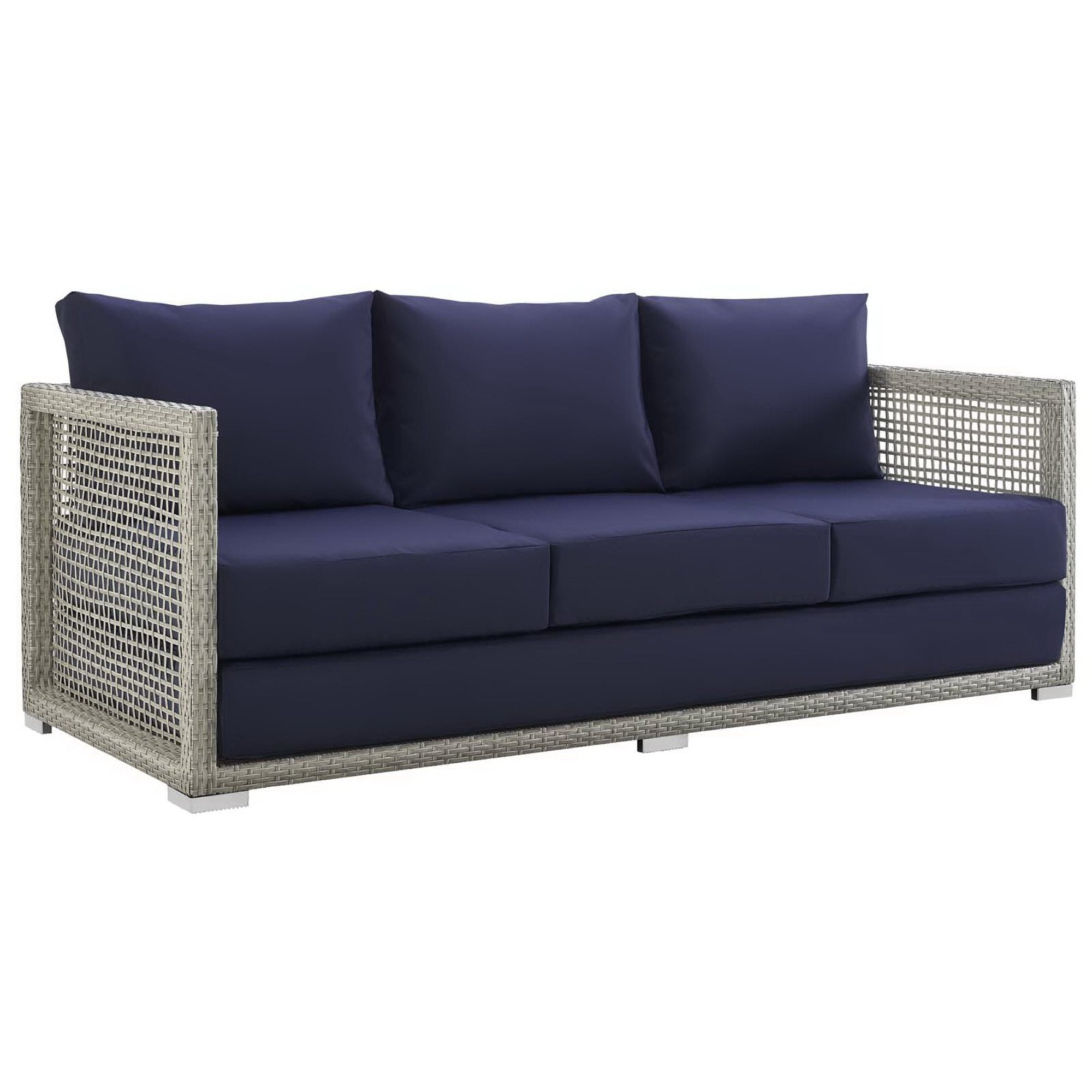Aura Outdoor Patio Wicker Rattan Sofa, Gray Navy