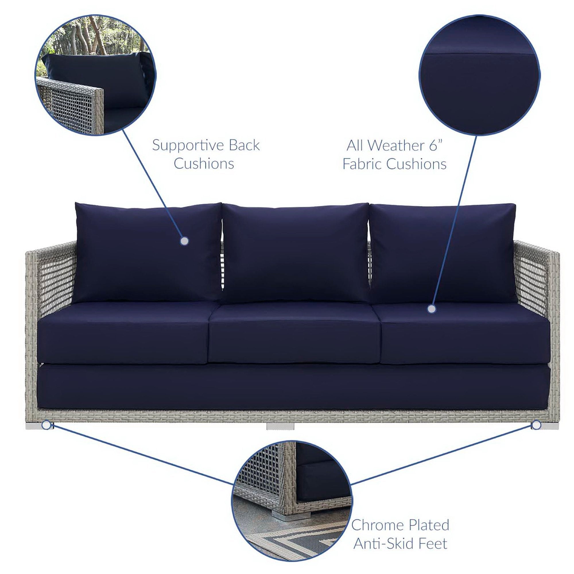 Aura Outdoor Patio Wicker Rattan Sofa, Gray Navy