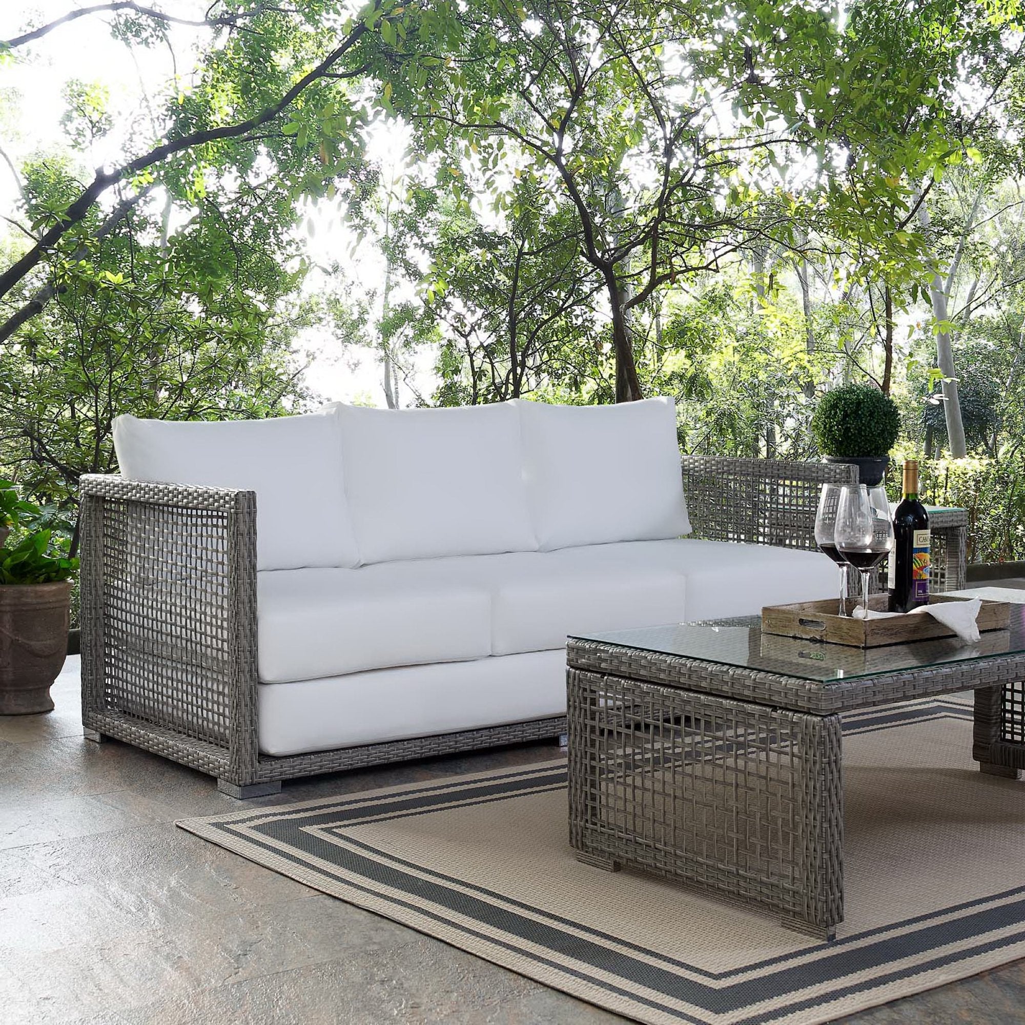 Aura Outdoor Patio Wicker Rattan Sofa, Gray White