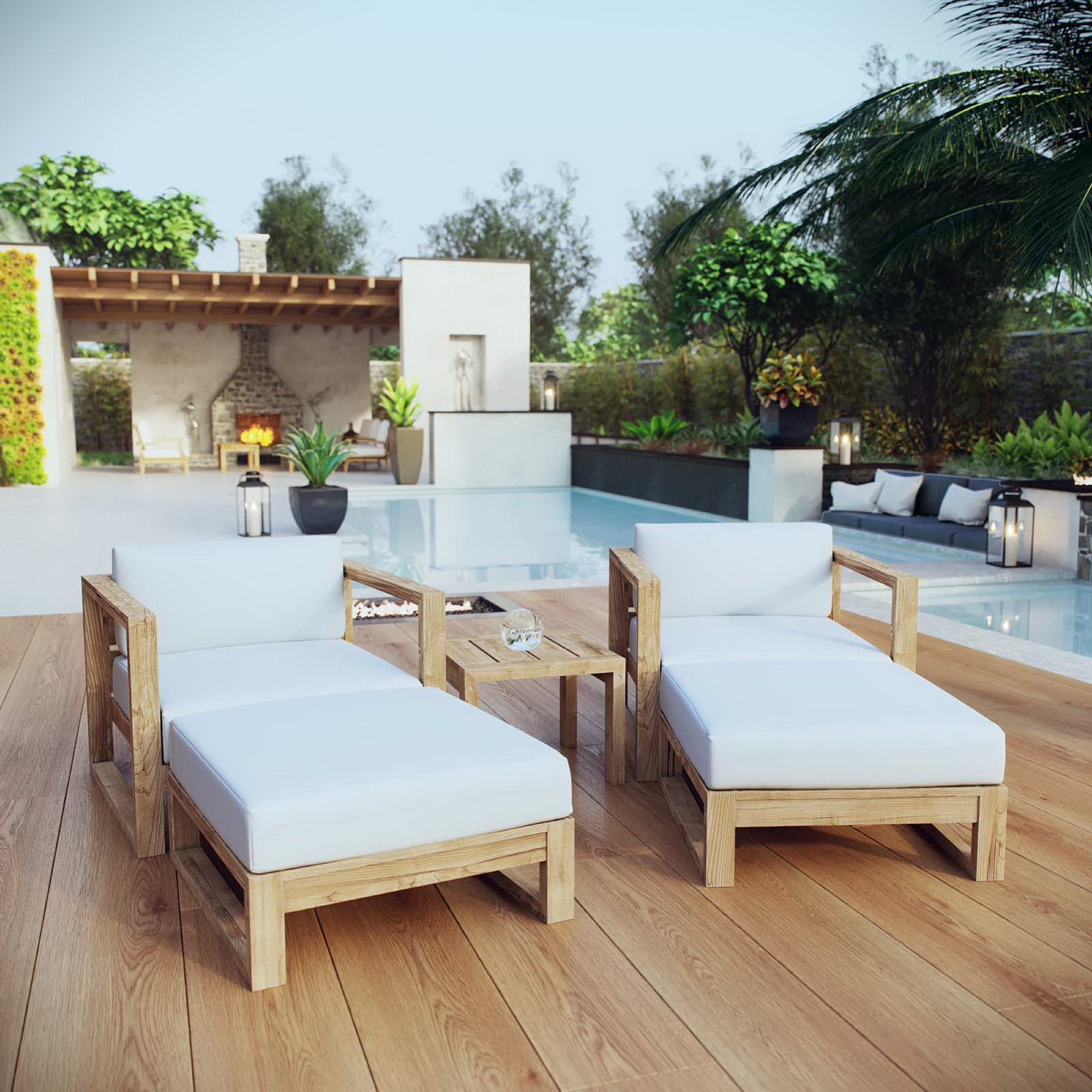 Upland 5 Piece Outdoor Patio Teak Set, Natural White