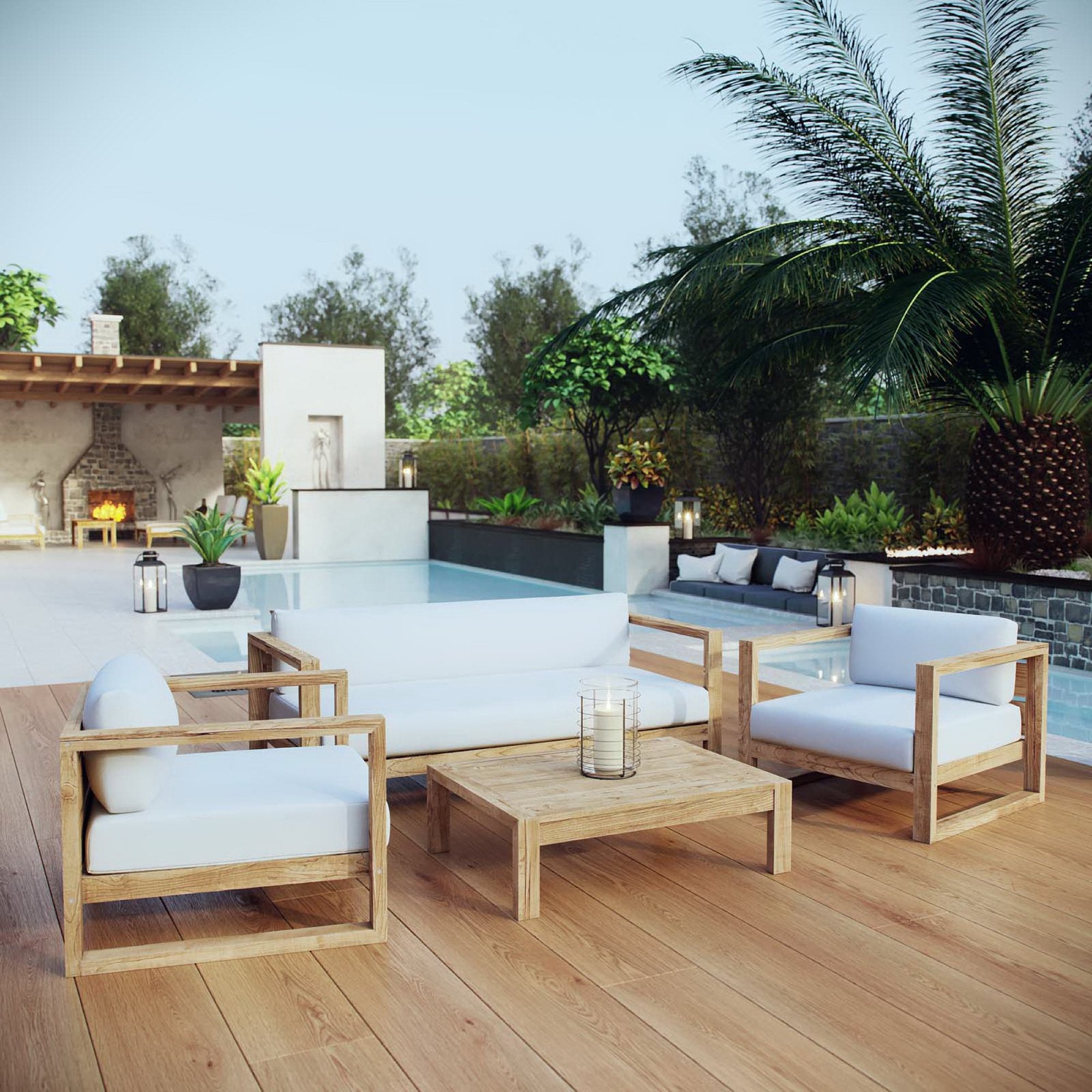 Upland 4 Piece Outdoor Patio Teak Set, Natural White