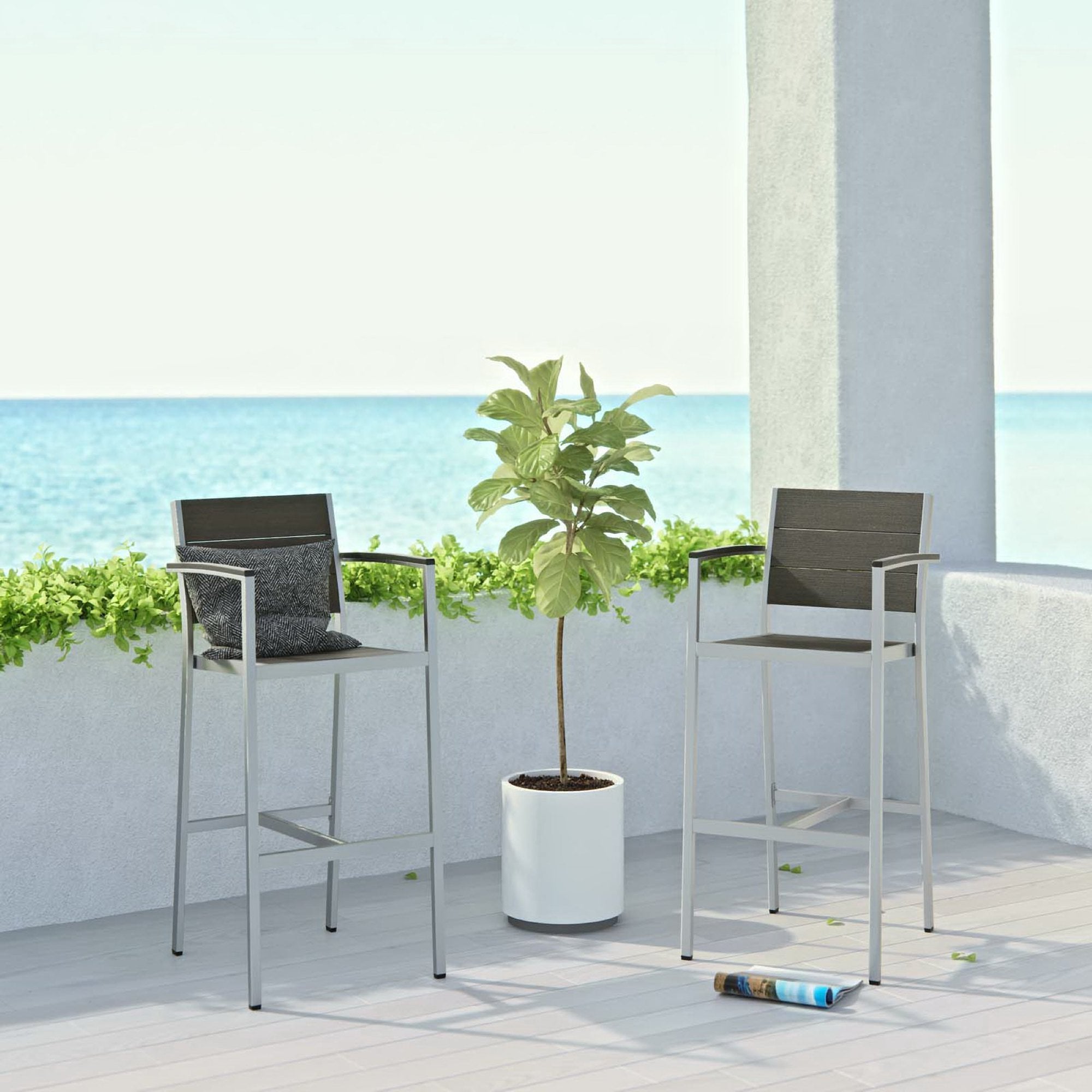 Shore Outdoor Patio Aluminum Bar Stool Set of 2, Silver Gray
