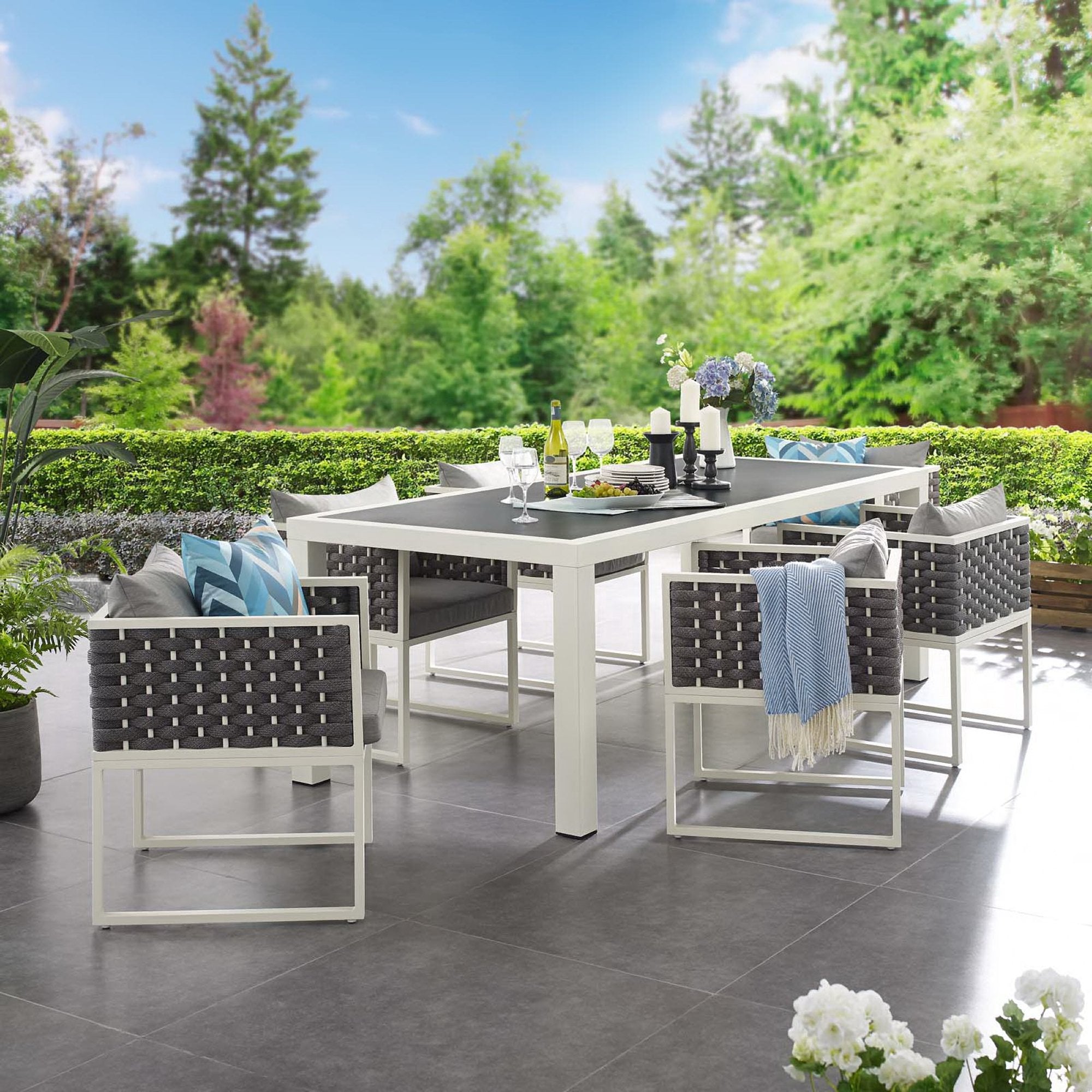 Stance 7 Piece Outdoor Patio Aluminum Dining Set, White Gray