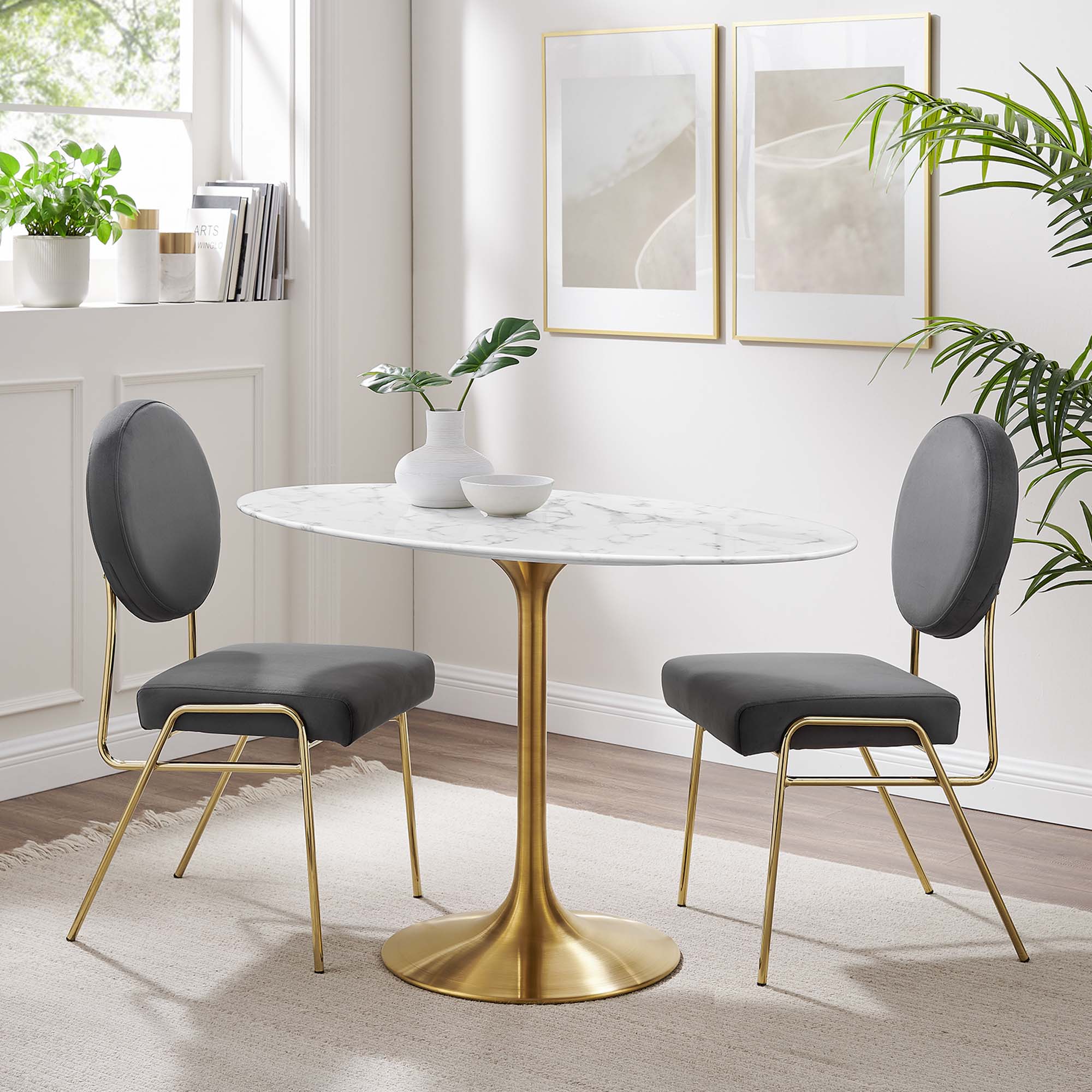 Lippa 48" Oval Faux Marble Dining Table, Gold White