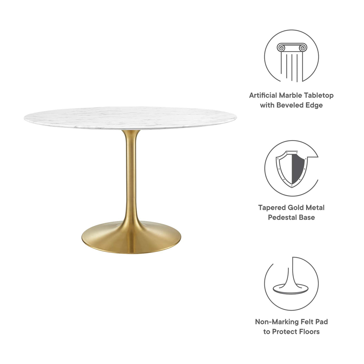 Lippa 48" Round Faux Marble Dining Table, Gold White