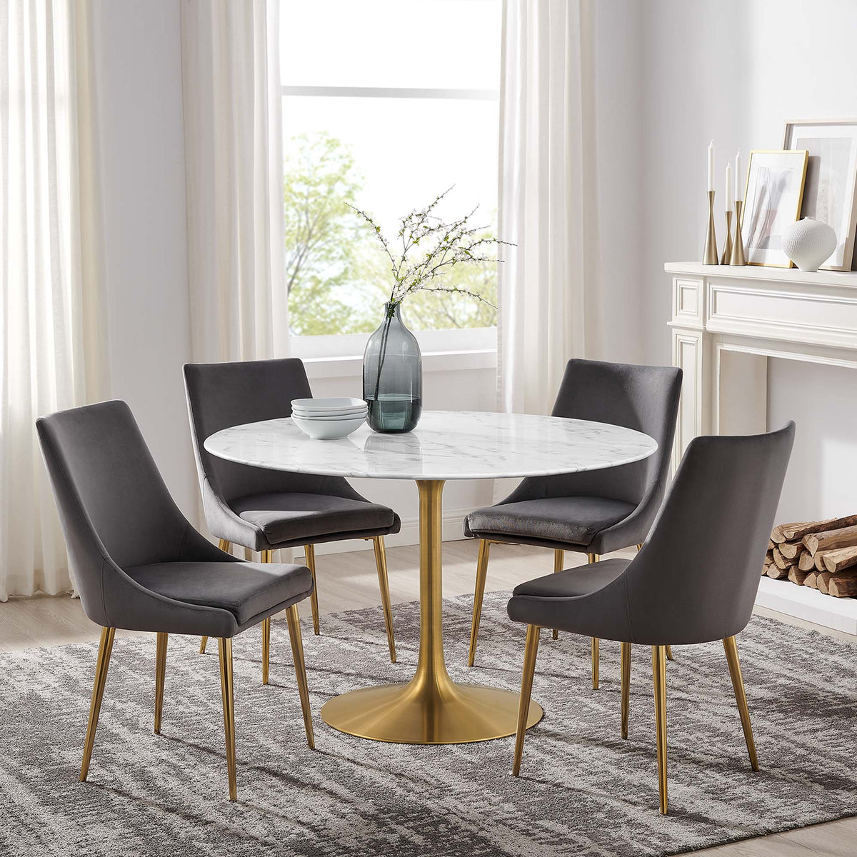 Lippa 48" Round Faux Marble Dining Table, Gold White