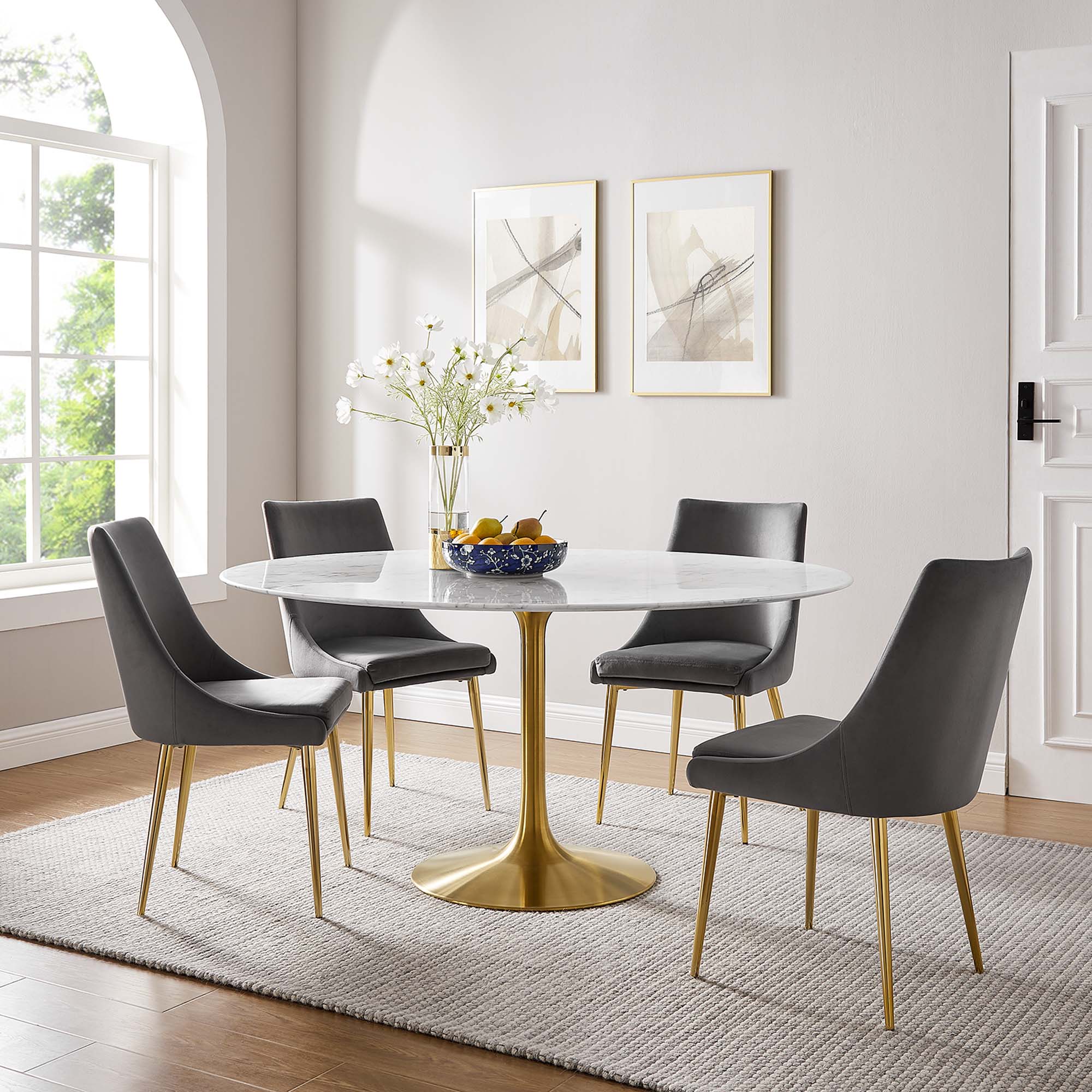 Lippa 60" Round Faux Marble Dining Table, Gold White