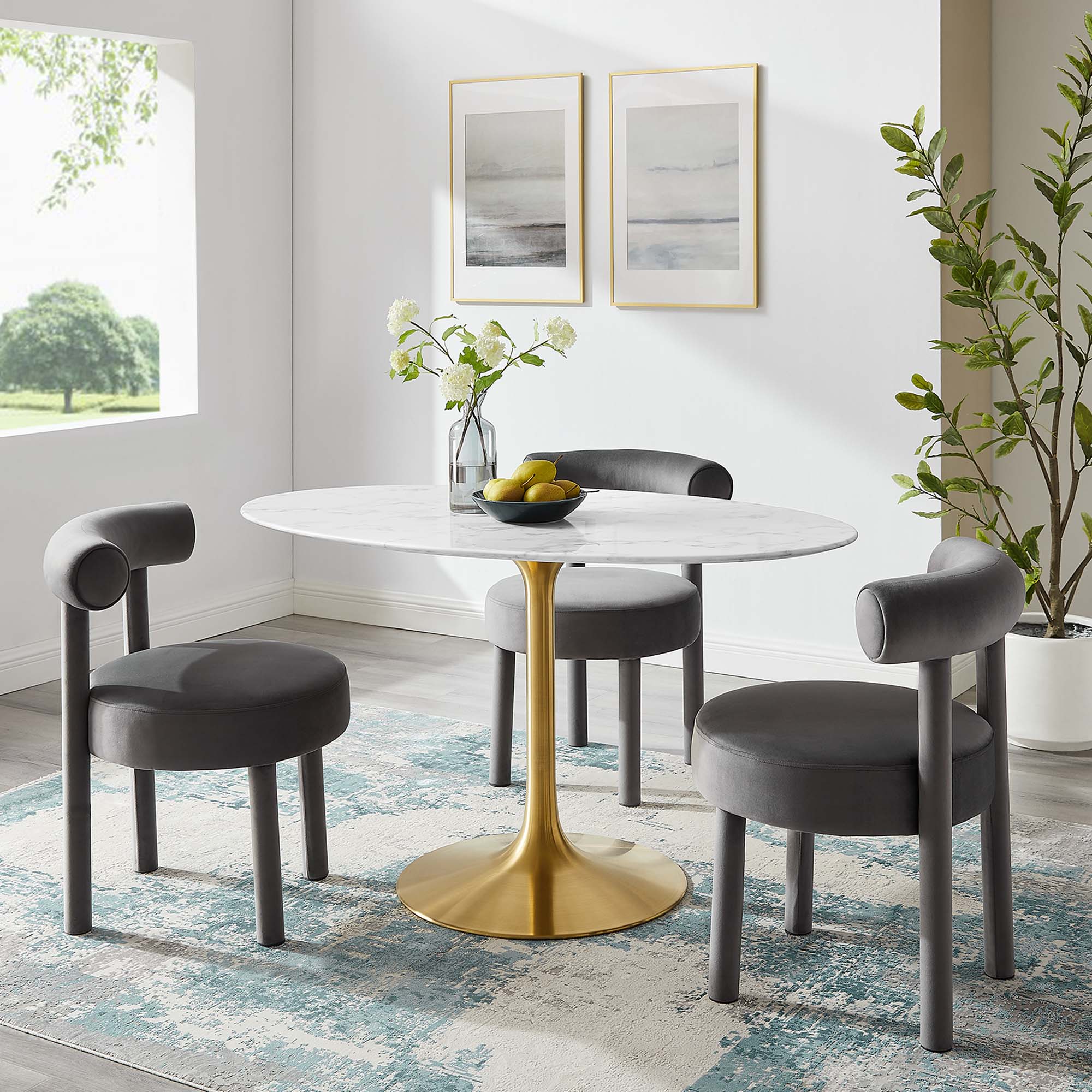 Lippa 54" Oval Faux Marble Dining Table, Gold White