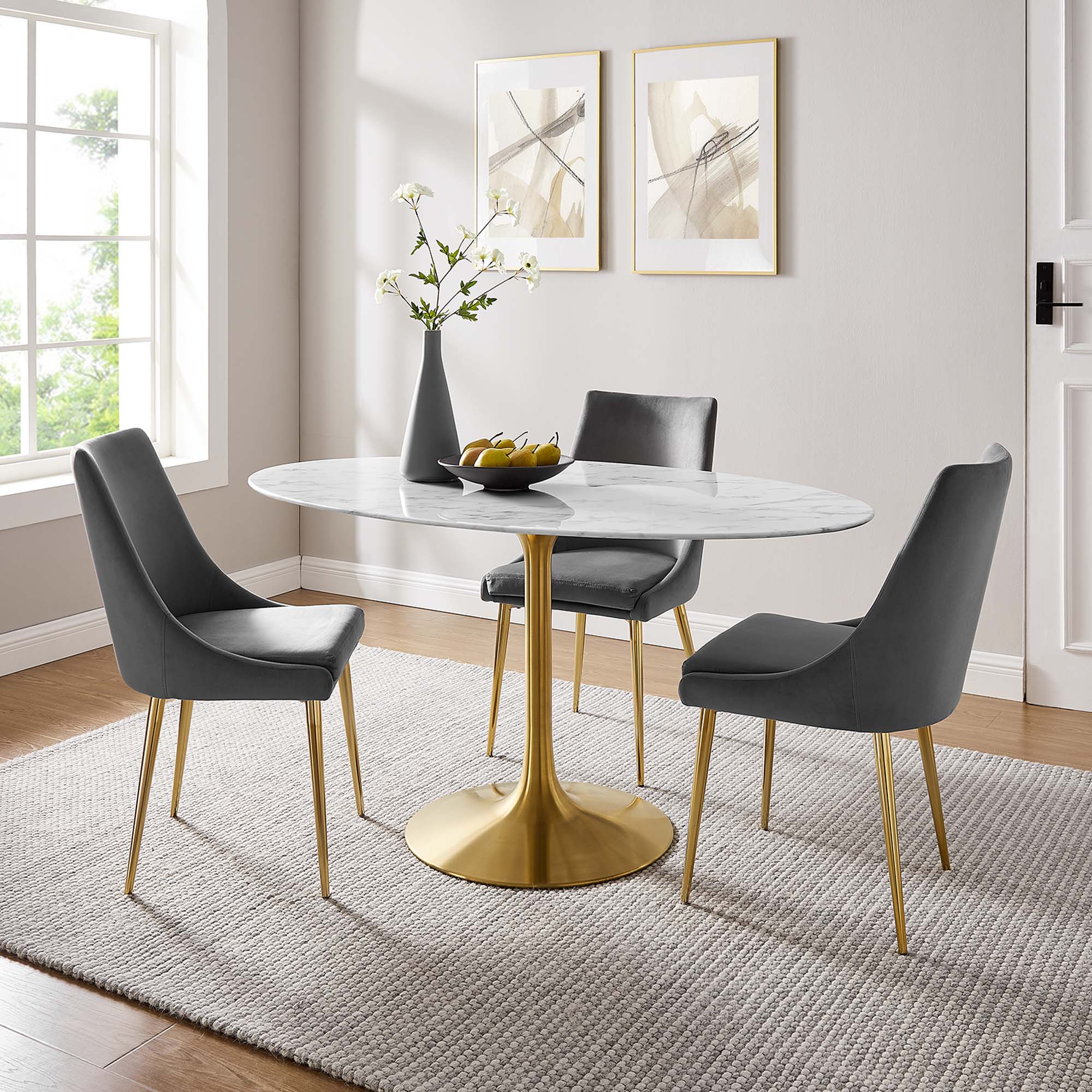 Lippa 60" Oval Faux Marble Dining Table, Gold White