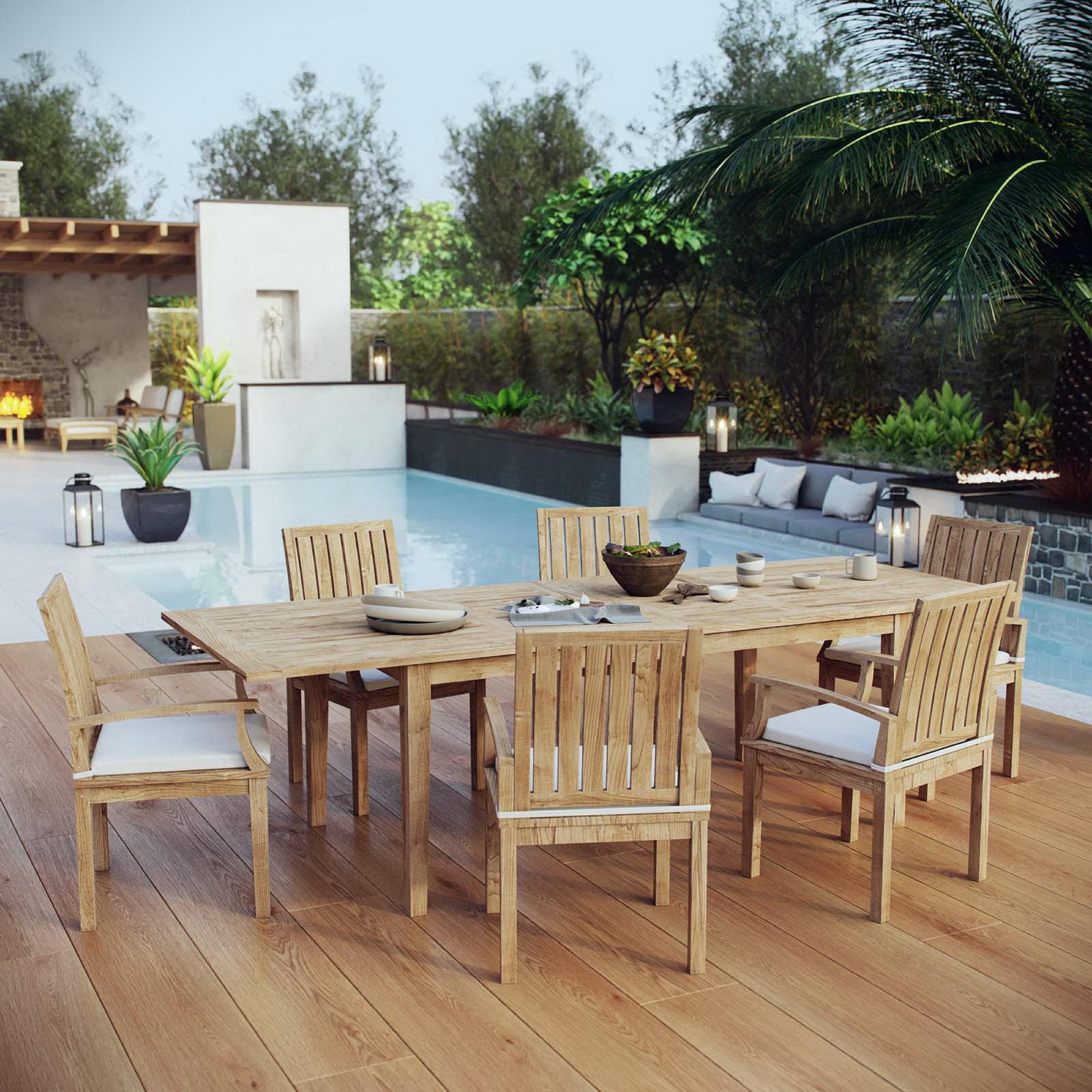 Marina 7 Piece Outdoor Patio Teak Dining Set, Natural White