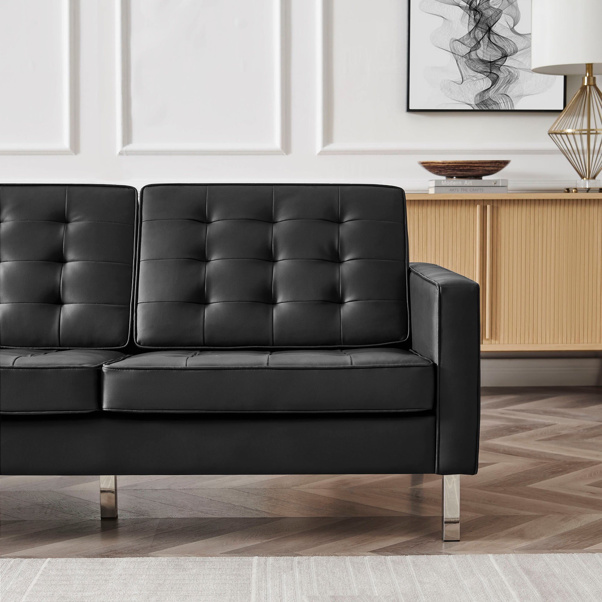 Loft Tufted Vegan Leather Sofa, Silver Black