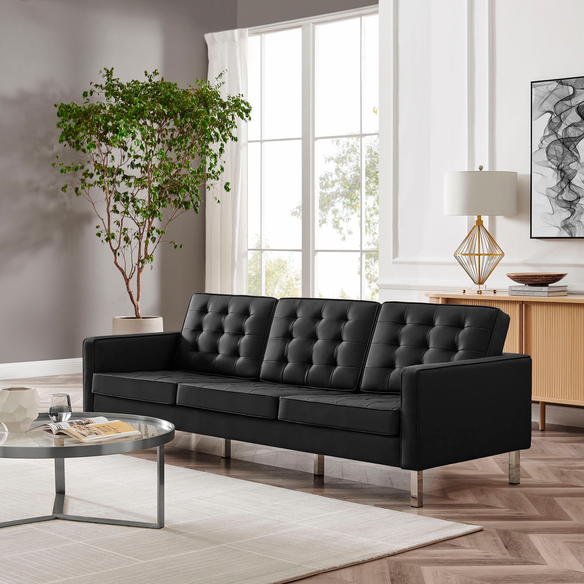 Loft Tufted Vegan Leather Sofa, Silver Black