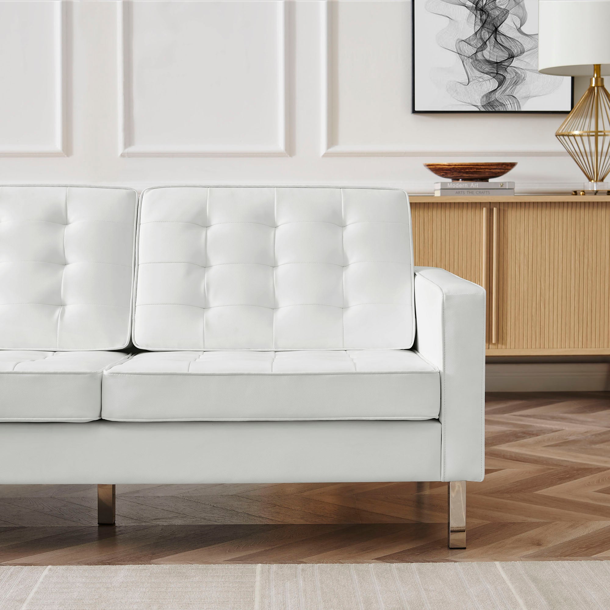 Loft Tufted Vegan Leather Sofa, Silver White