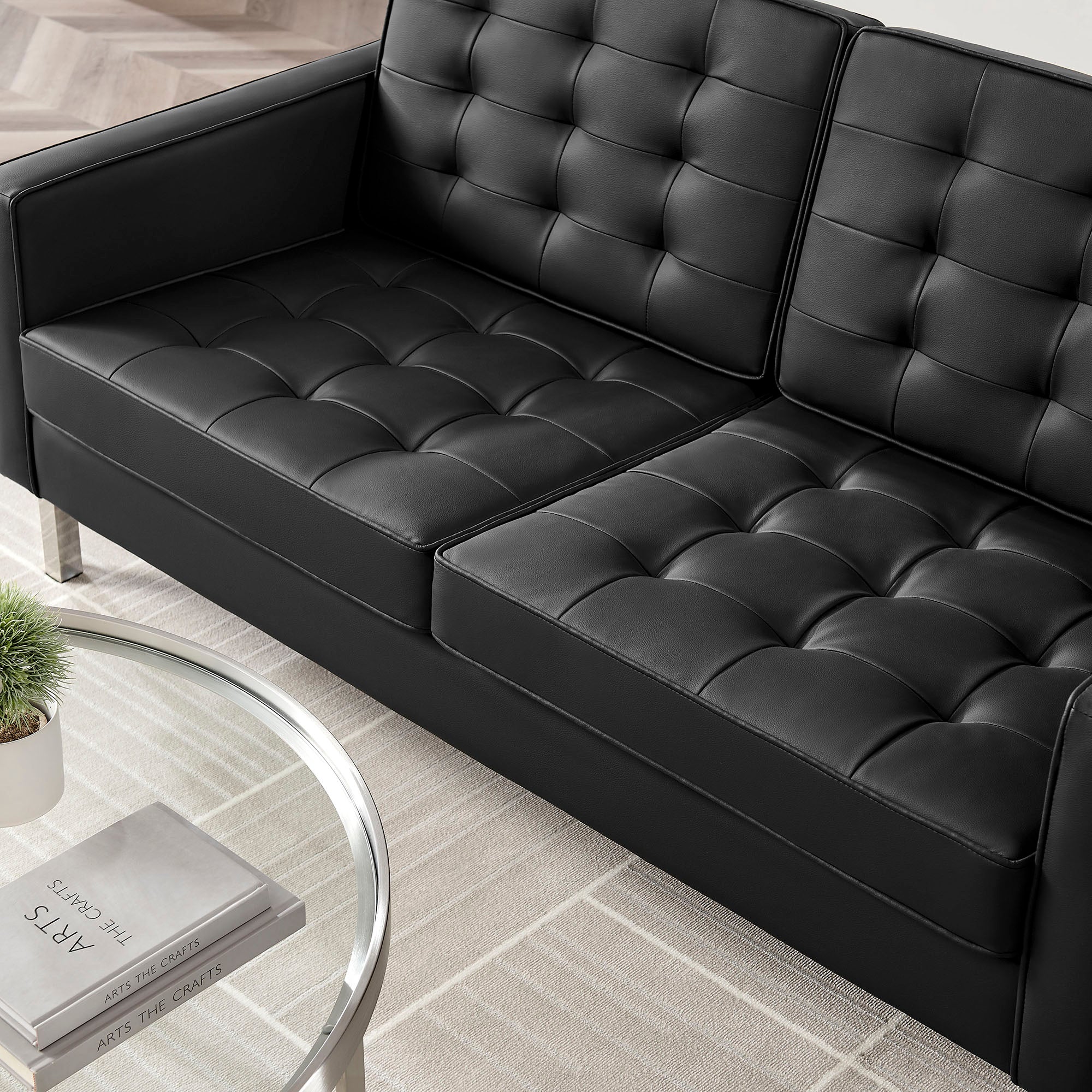 Loft Tufted Vegan Leather Loveseat, Silver Black