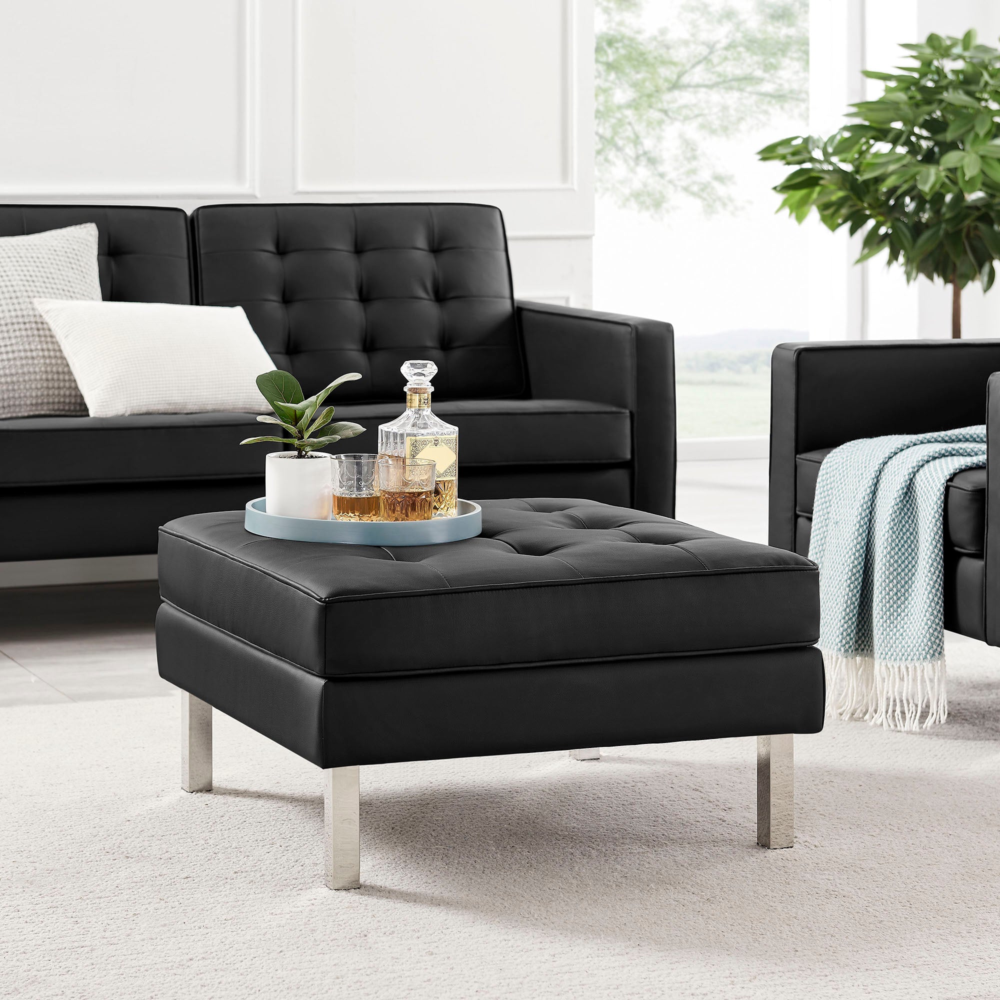 Loft Tufted Vegan Leather Ottoman, Silver Black