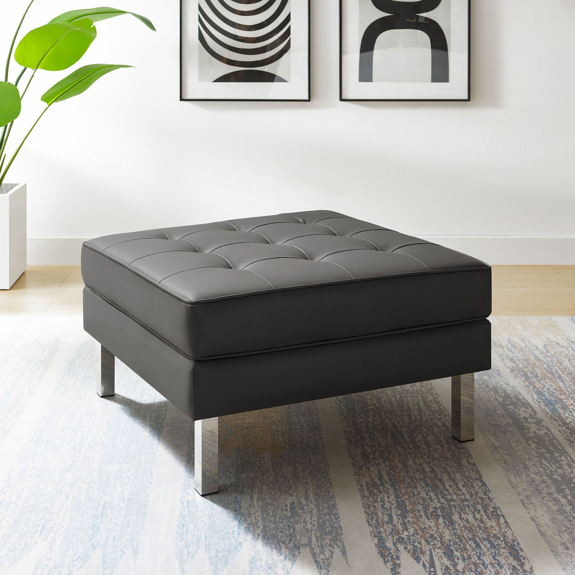 Loft Tufted Vegan Leather Ottoman, Silver Gray