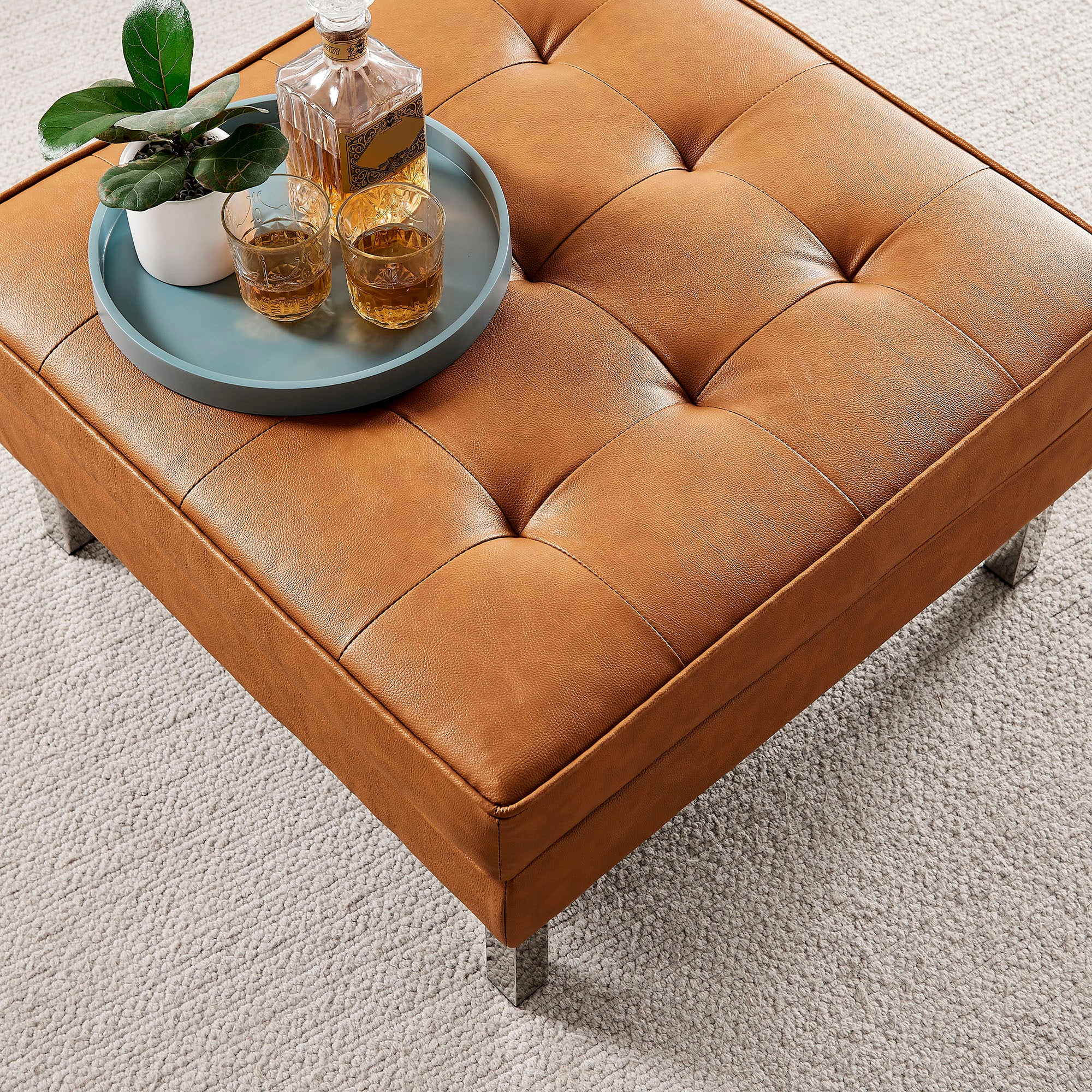 Loft Tufted Vegan Leather Ottoman, Silver Tan