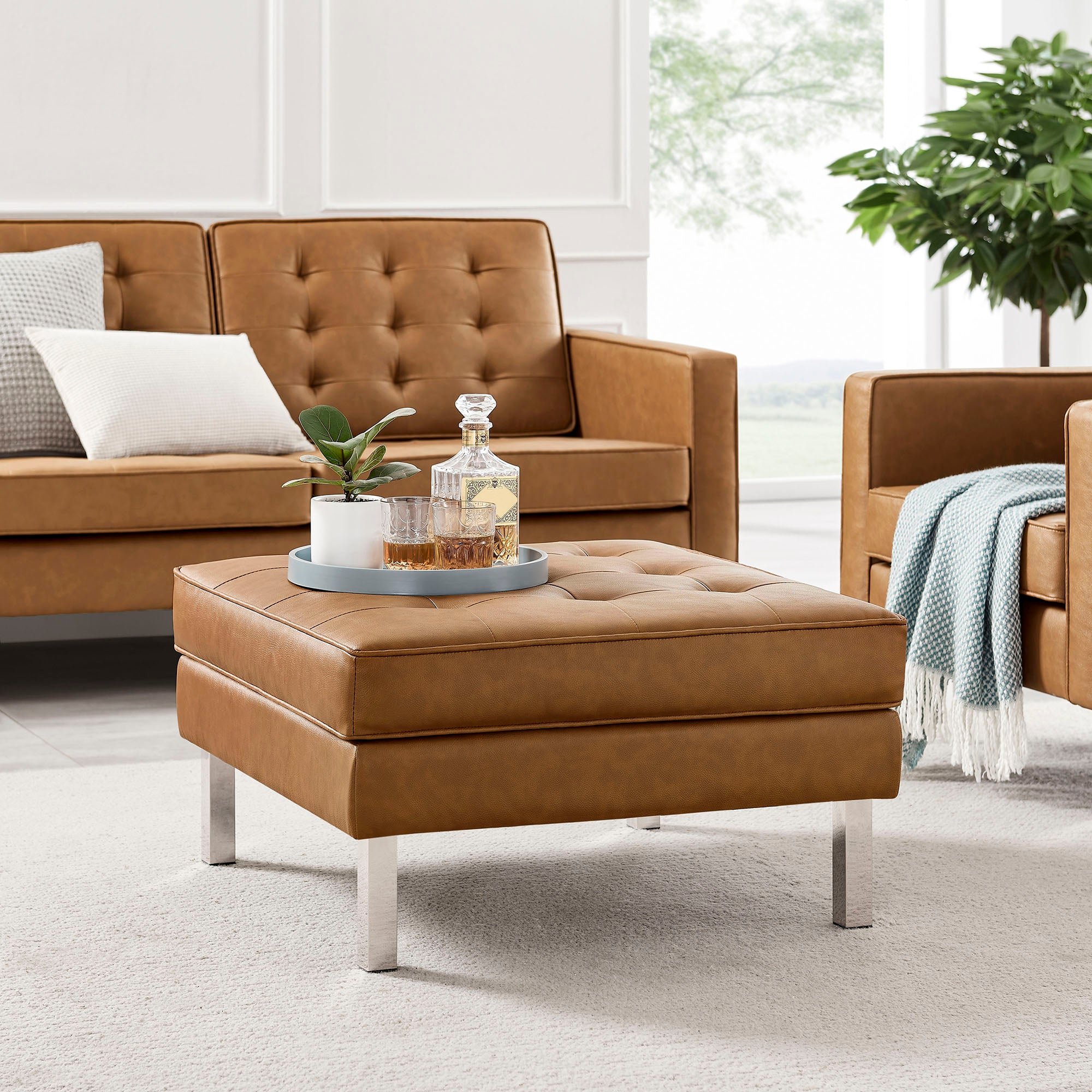 Loft Tufted Vegan Leather Ottoman, Silver Tan