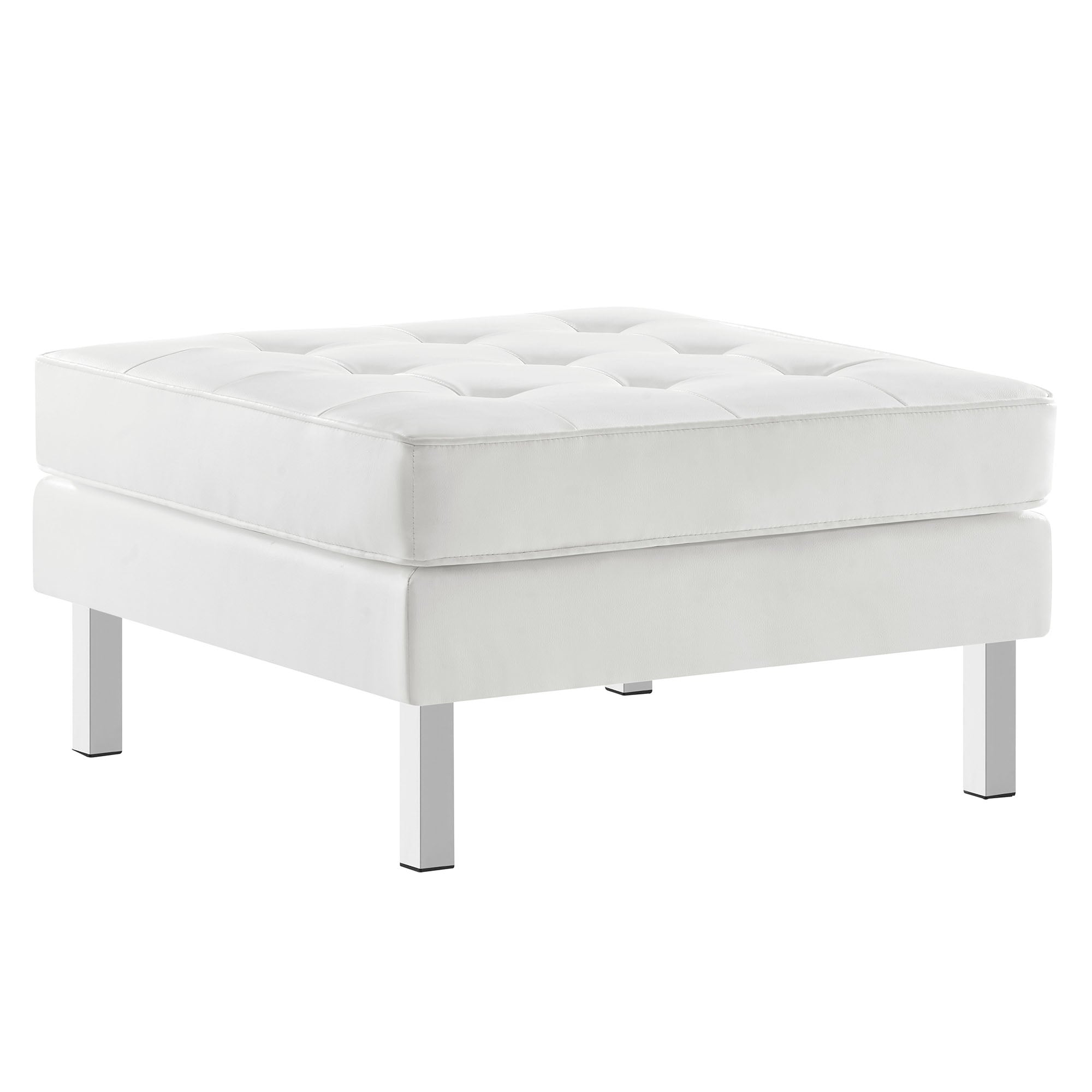 Loft Tufted Vegan Leather Ottoman, Silver White