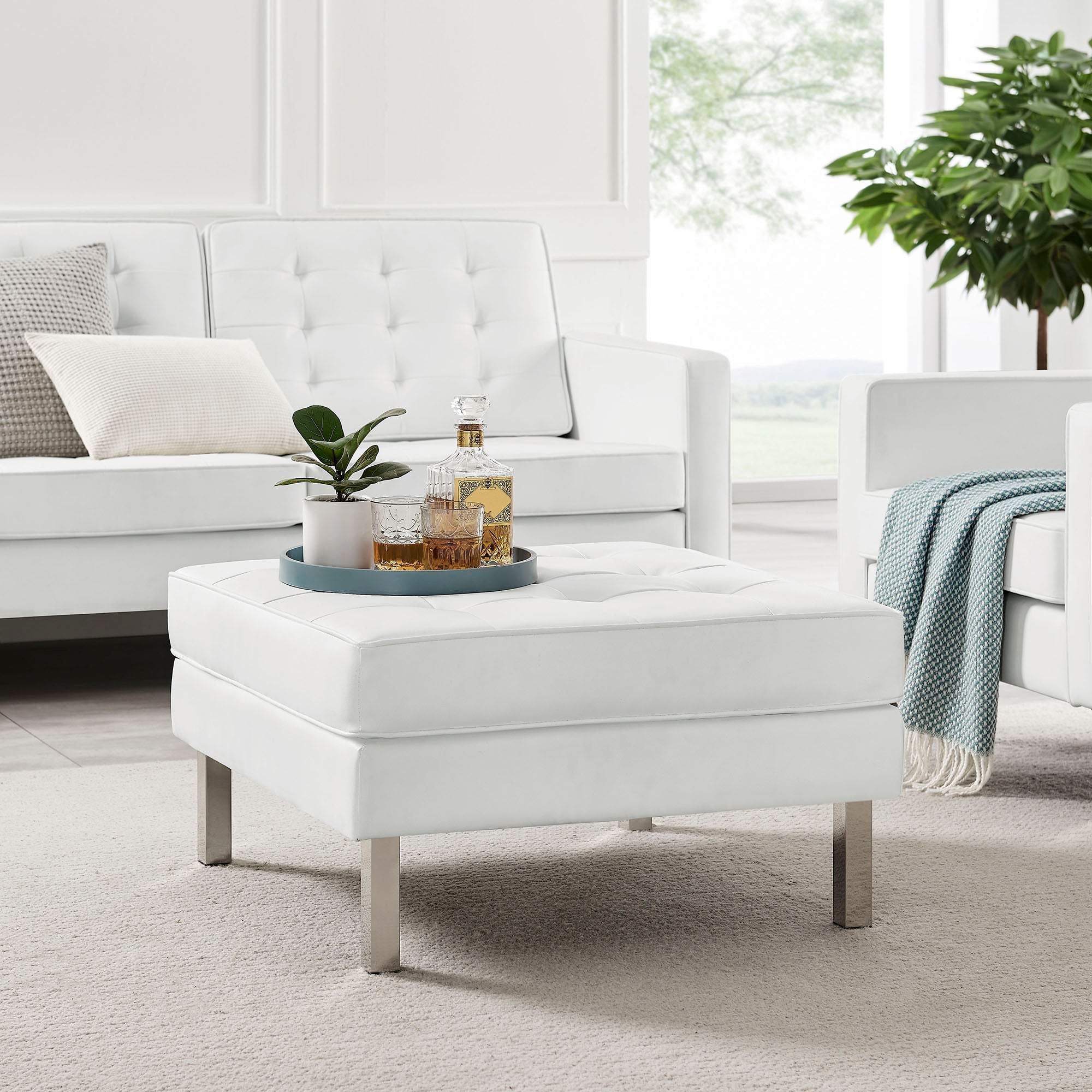 Loft Tufted Vegan Leather Ottoman, Silver White