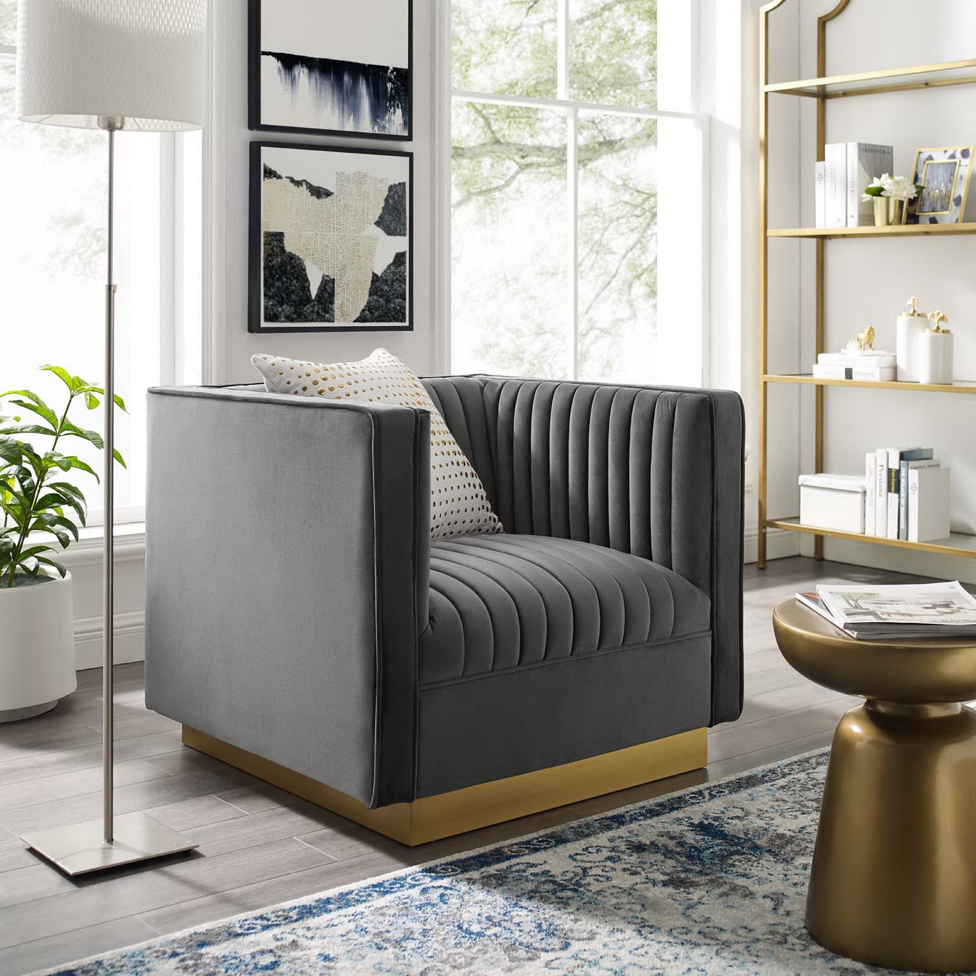 Sanguine Vertical Channel Tufted Accent Performance Velvet Armchair, Gray