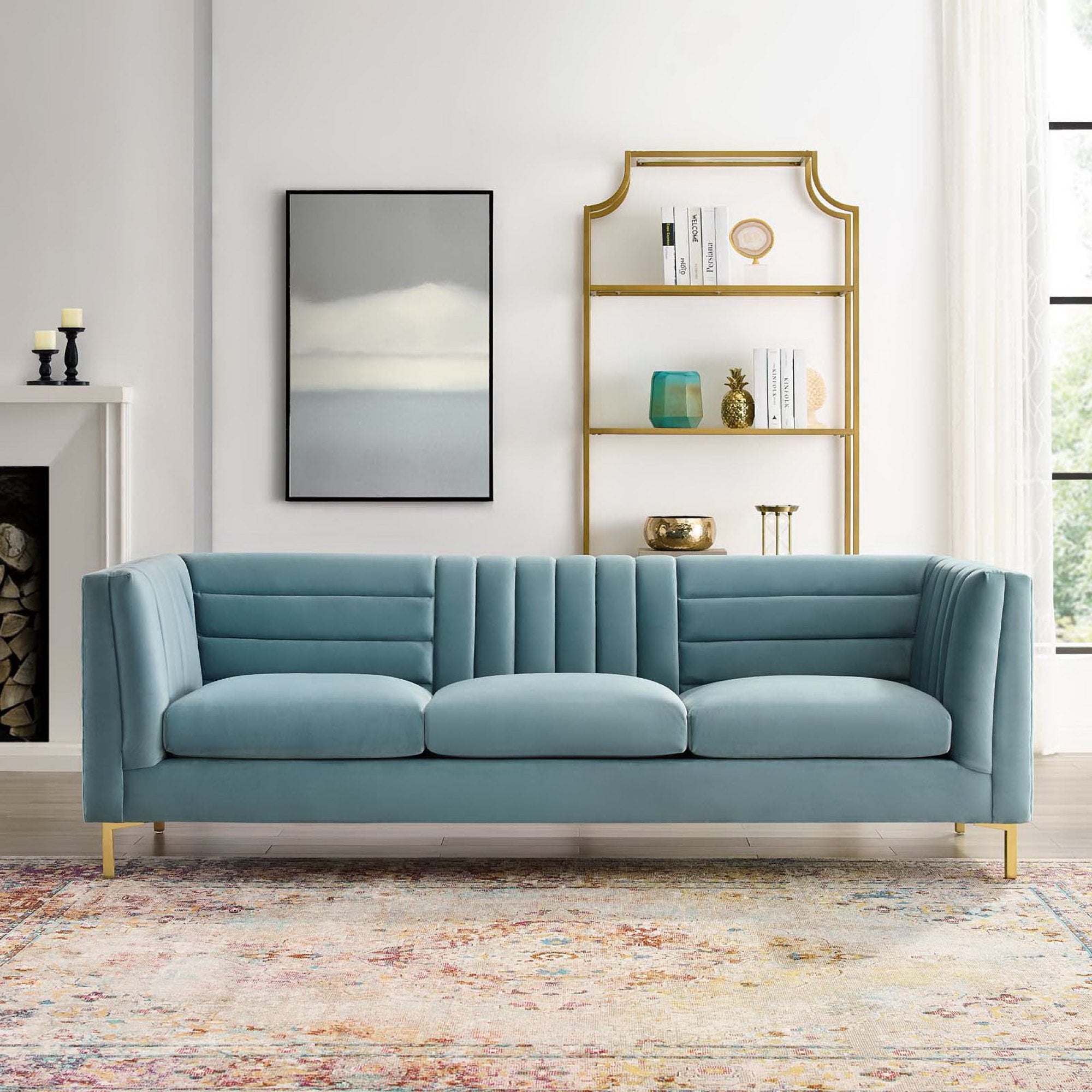 Ingenuity Channel Tufted Performance Velvet Sofa, Light Blue