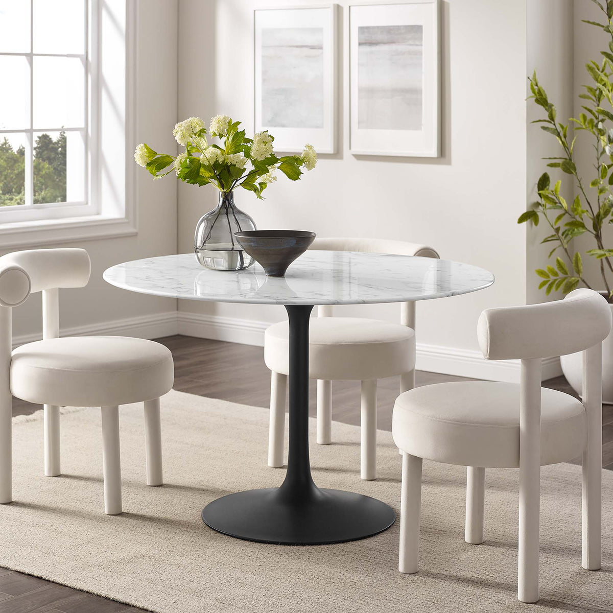 Lippa 48" Round Faux Marble Dining Table, Black White