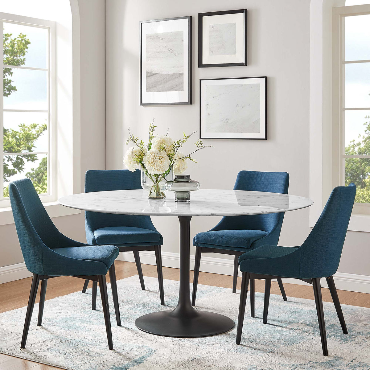 Lippa 60" Round Faux Marble Dining Table, Black White