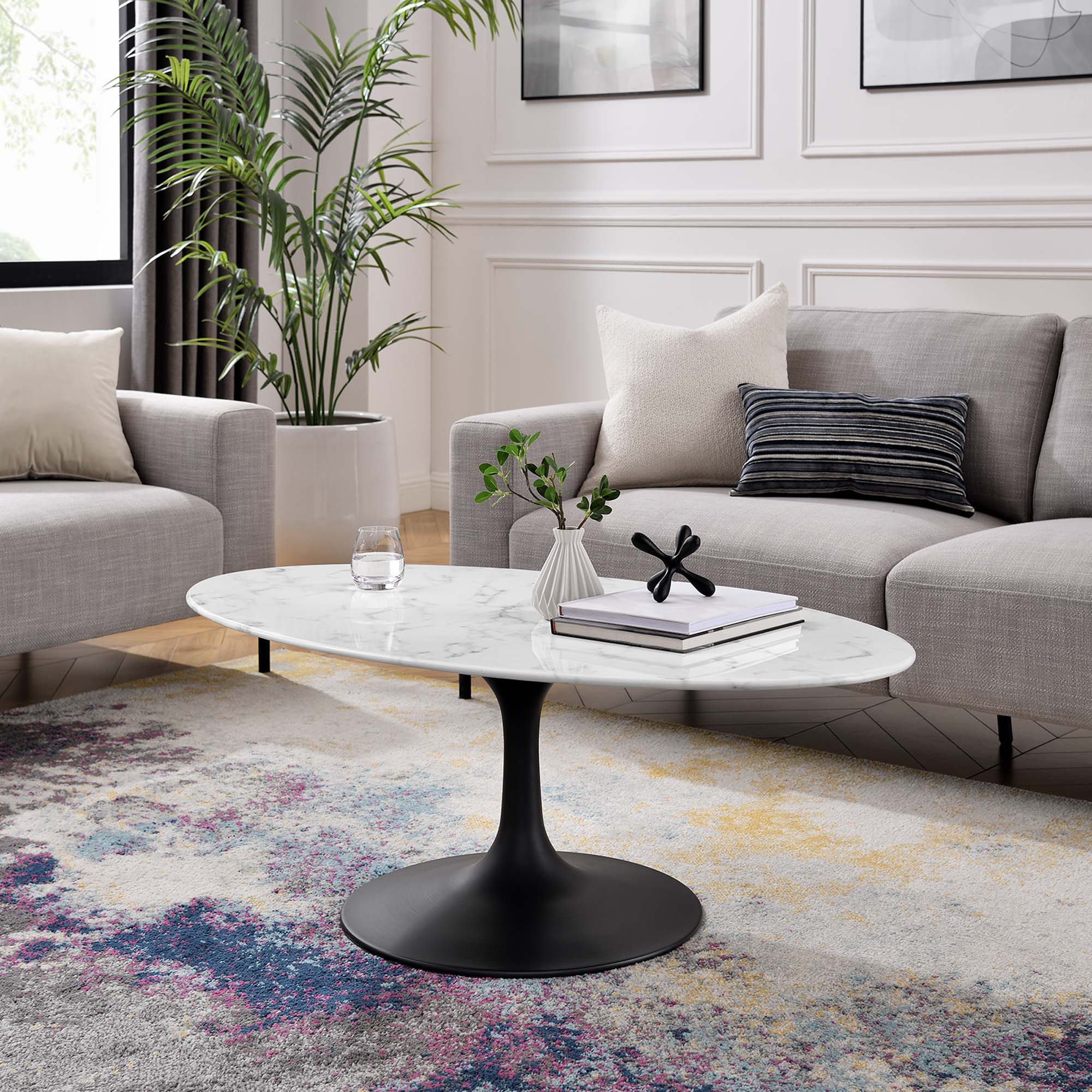 Lippa 48" Oval Faux Marble Coffee Table, Black White