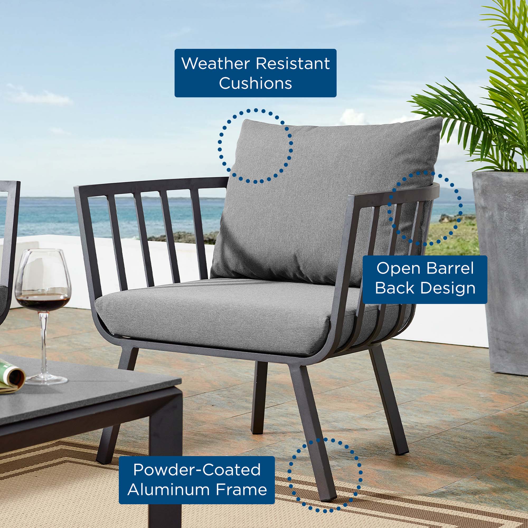 Riverside Outdoor Patio Aluminum Armchair, Gray Charcoal
