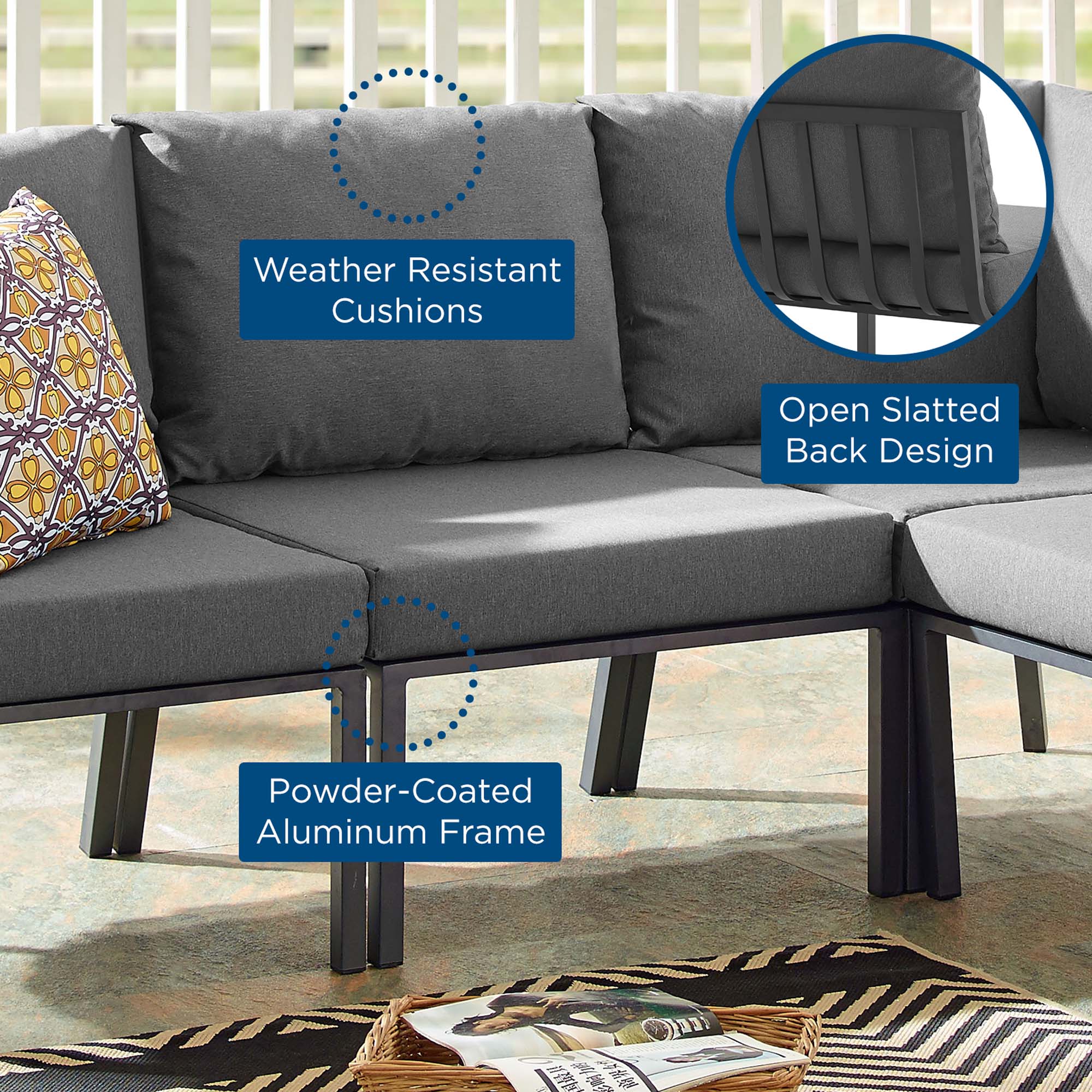 Riverside Outdoor Patio Aluminum Armless Chair, Gray Charcoal