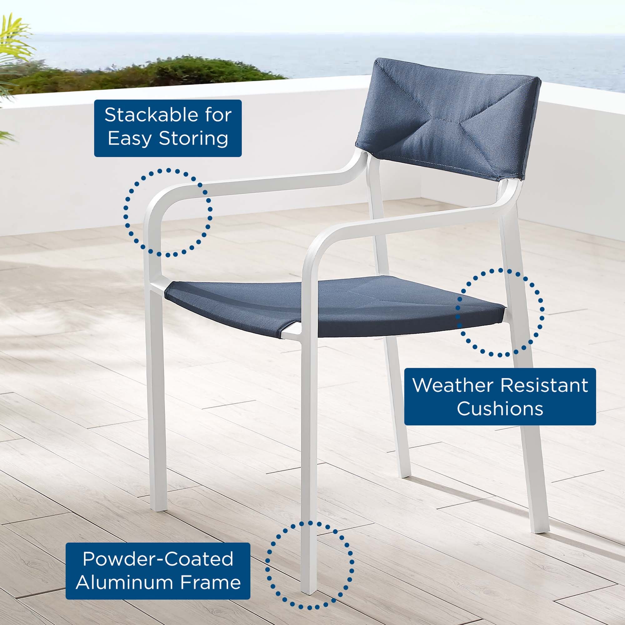 Raleigh Stackable Outdoor Patio Aluminum Dining Armchair, White Navy