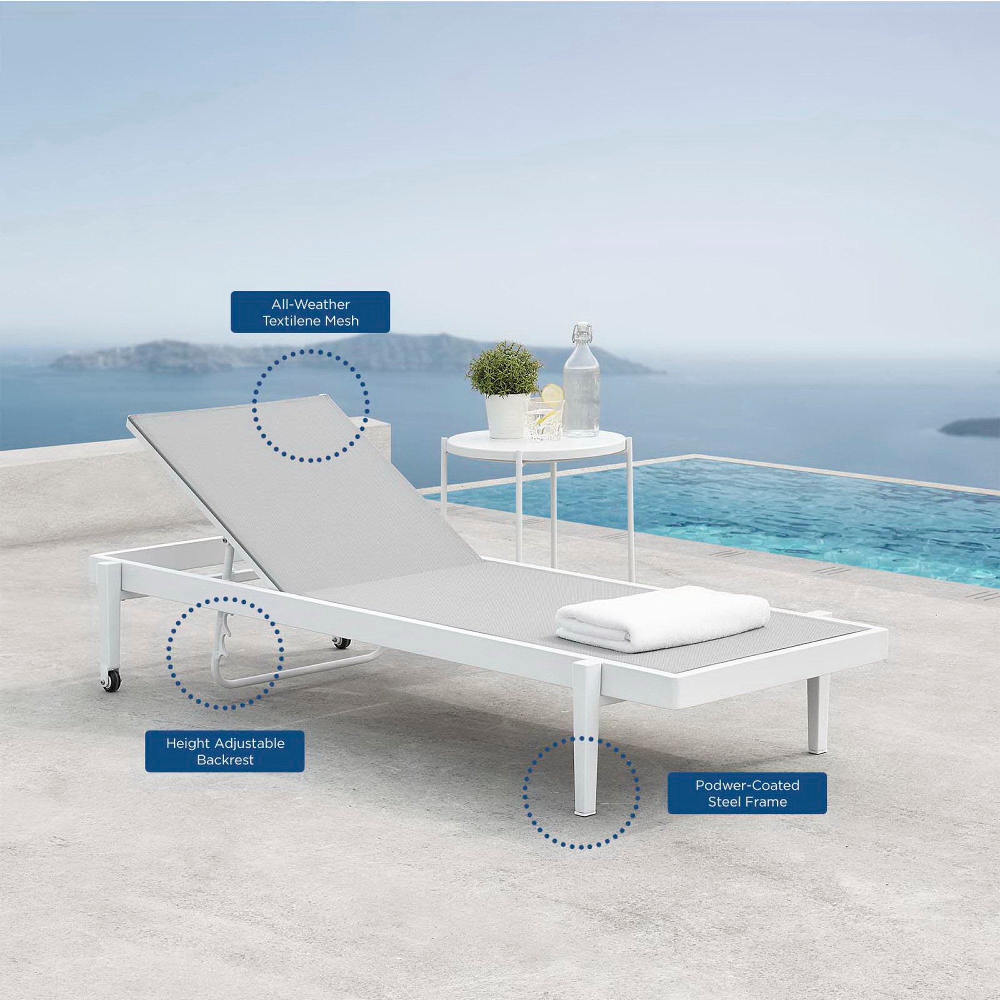 Charleston Outdoor Patio Chaise Lounge Chair, White Gray