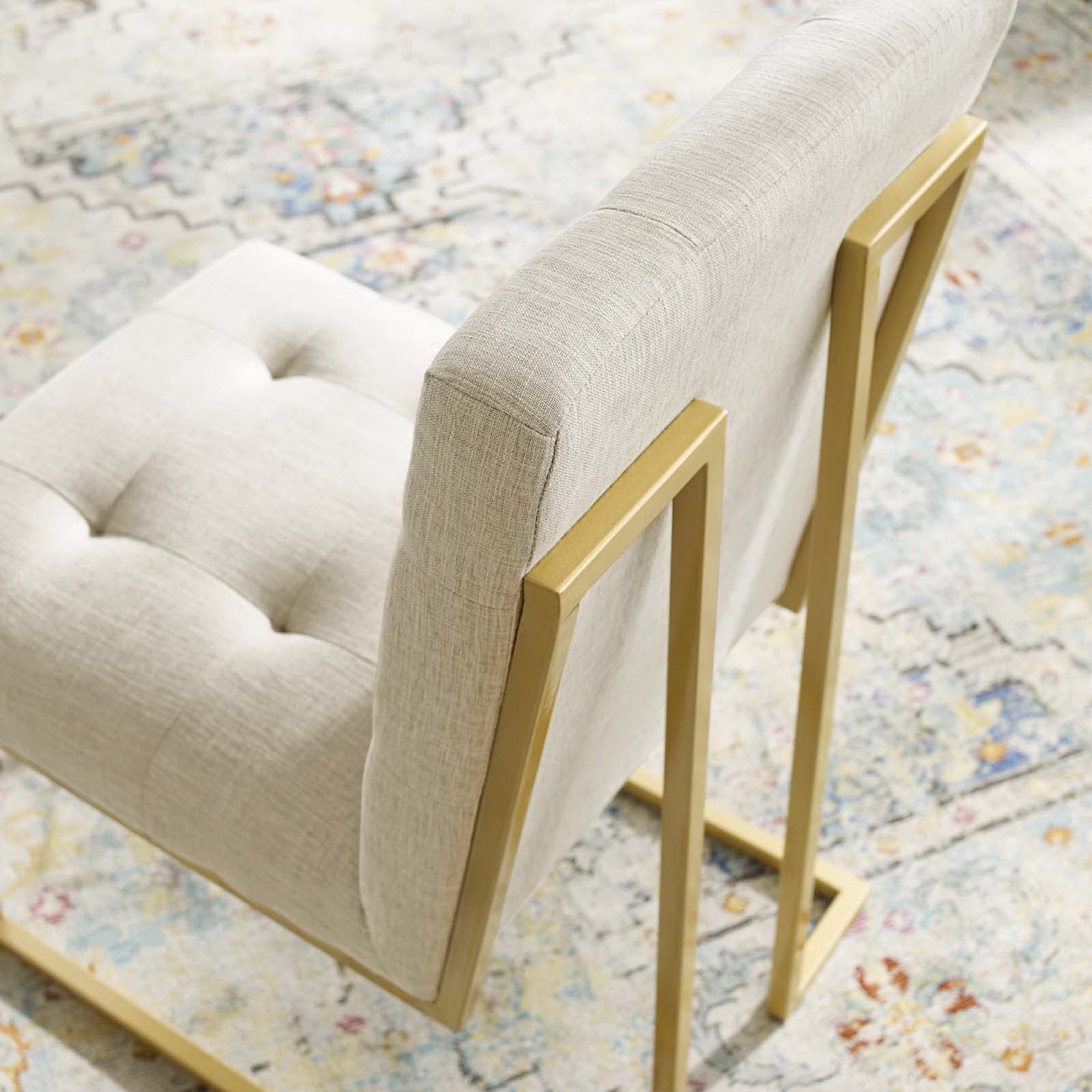Privy Gold Stainless Steel Upholstered Fabric Dining Accent Chair, Gold Beige