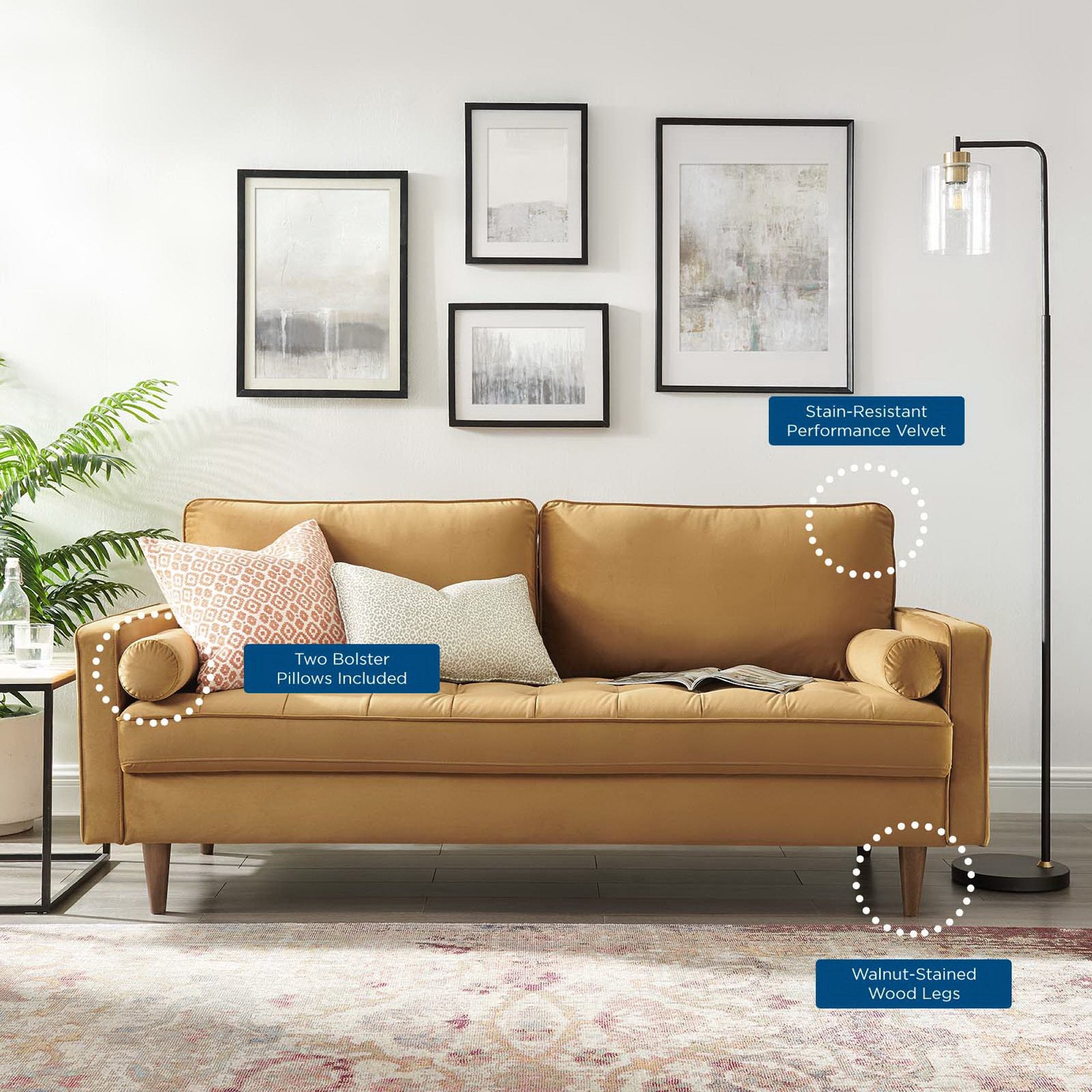 Valour Performance Velvet Sofa, Cognac