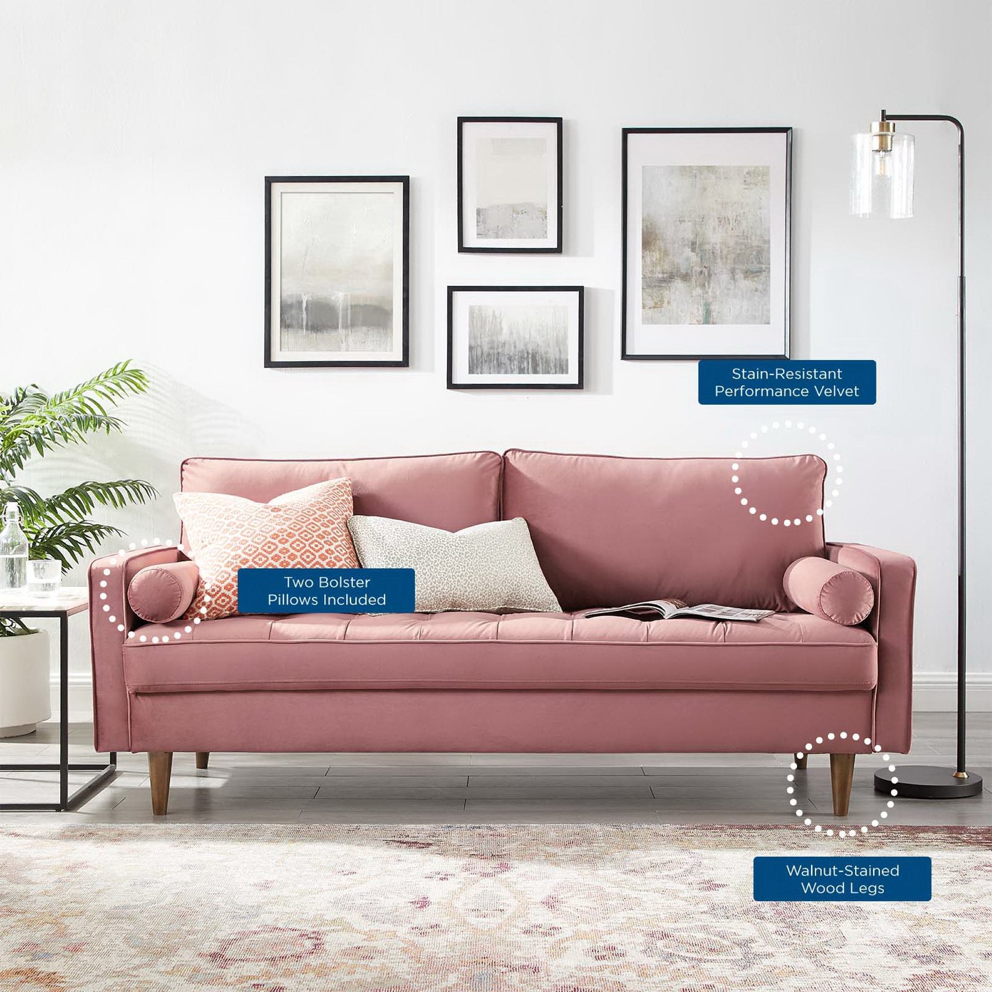 Valour Performance Velvet Sofa, Dusty Rose