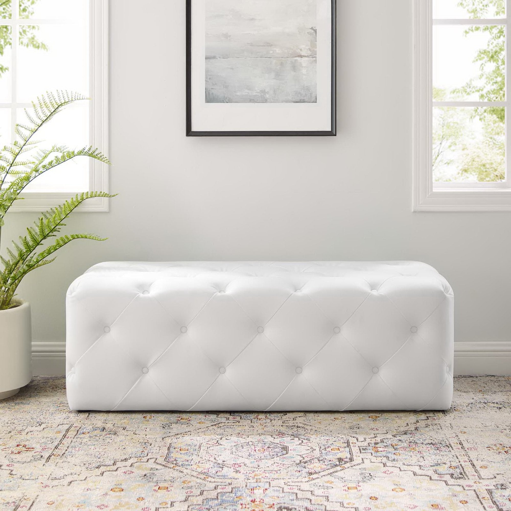 Amour 48" Tufted Button Entryway Faux Leather Bench, White
