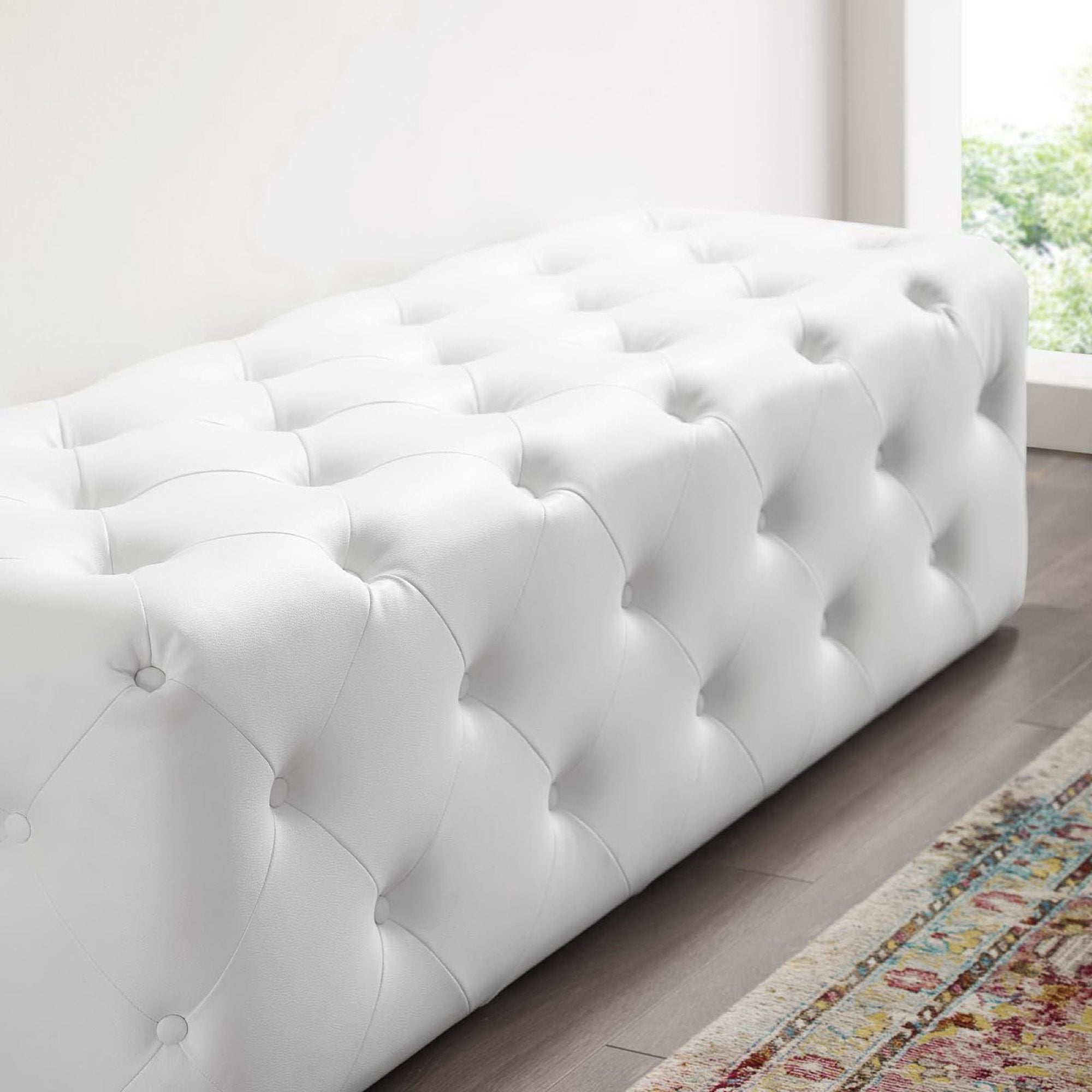 Amour 60" Tufted Button Entryway Faux Leather Bench, White