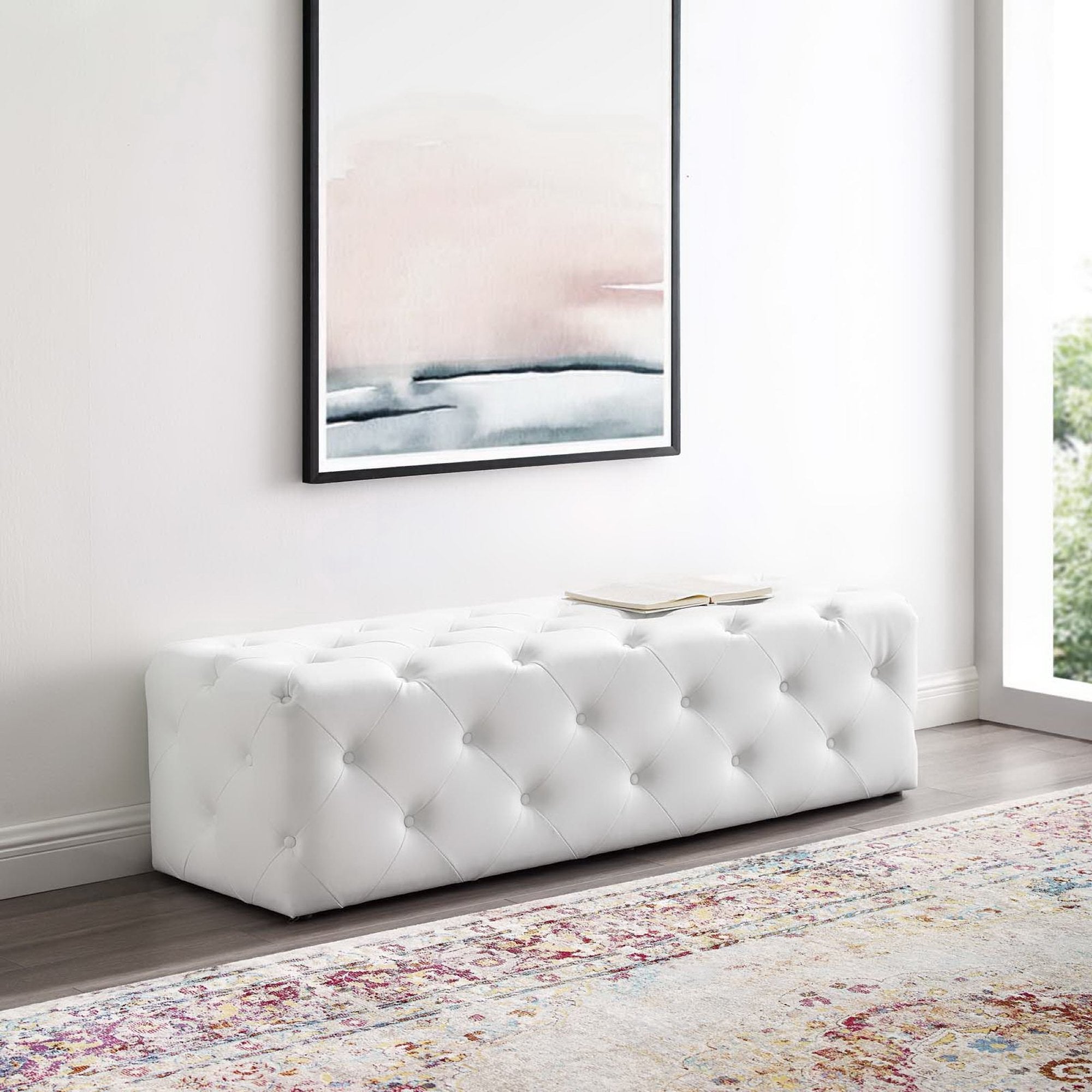Amour 60" Tufted Button Entryway Faux Leather Bench, White
