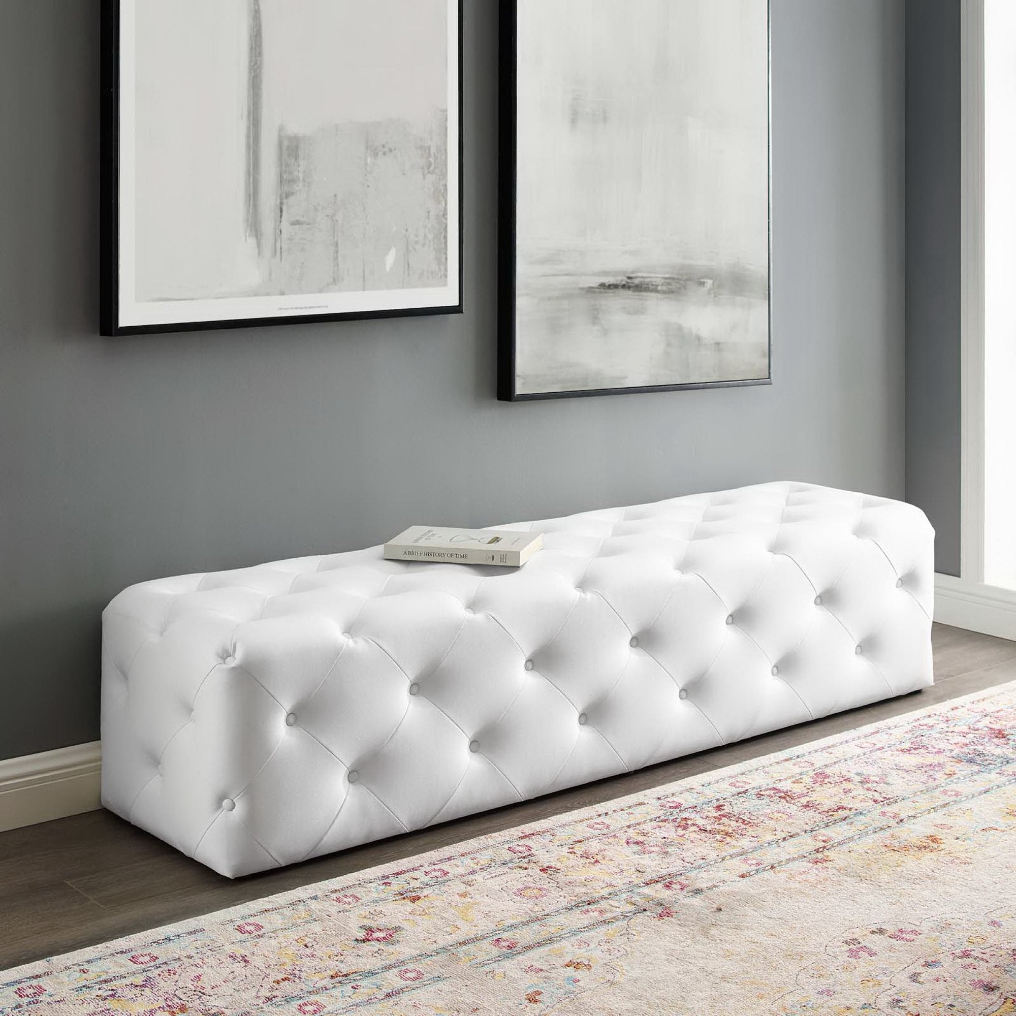 Amour 72" Tufted Button Entryway Faux Leather Bench, White