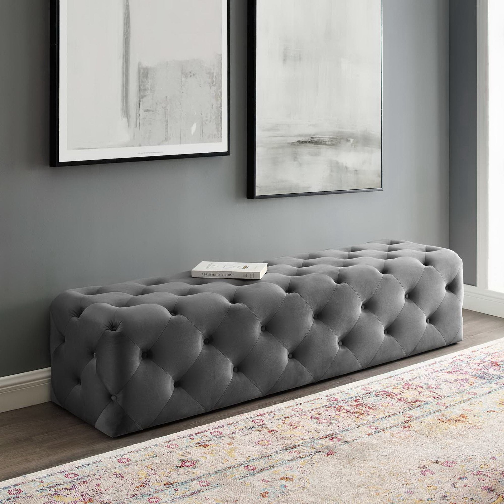 Amour 72" Tufted Button Entryway Performance Velvet Bench, Gray